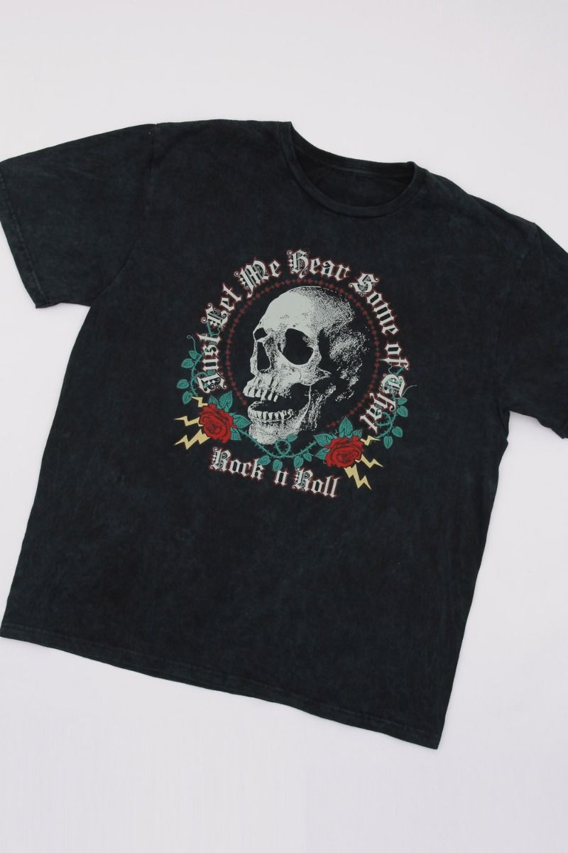 Rock & Roll Skull Print Acid Wash T-Shirt