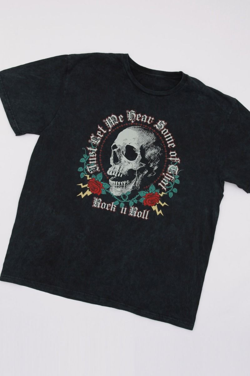 Rock & Roll Skull Print Acid Wash T-Shirt (Custom Pack)