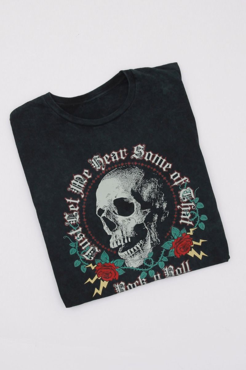 Rock & Roll Skull Print Acid Wash T-Shirt (Custom Pack)