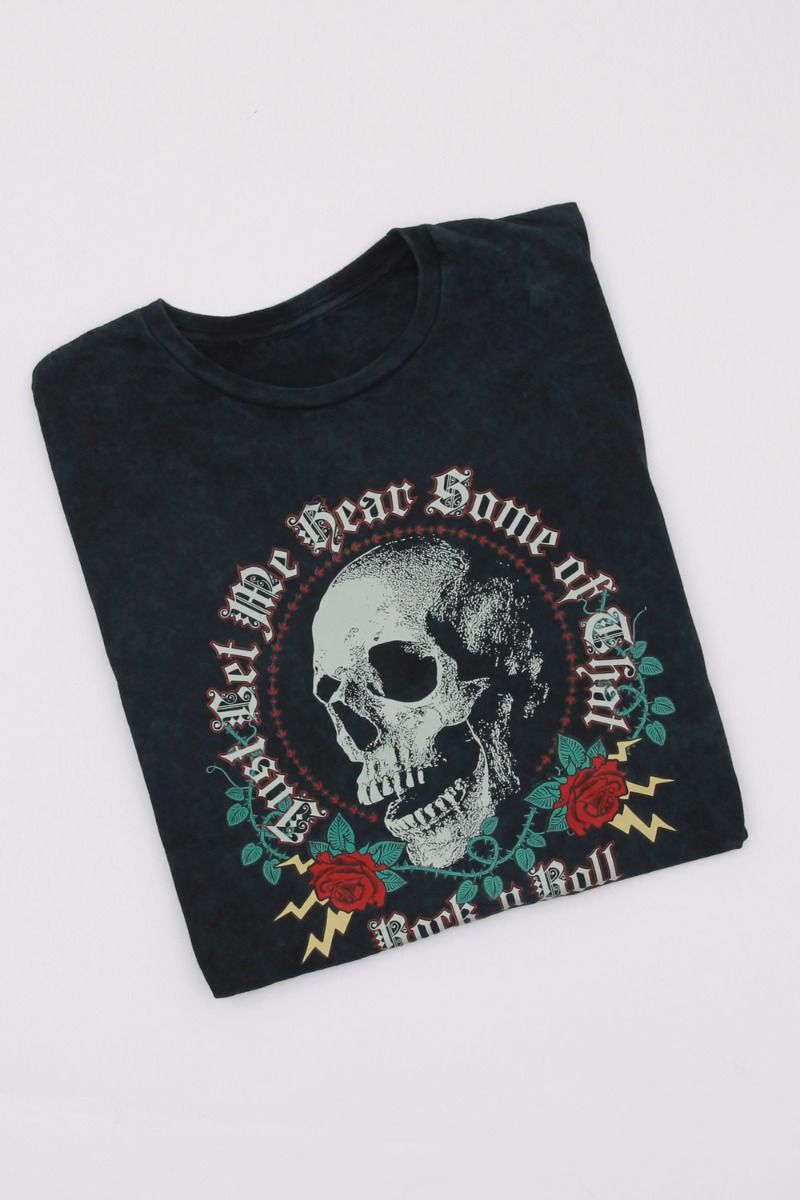Rock & Roll Skull Print Acid Wash T-Shirt