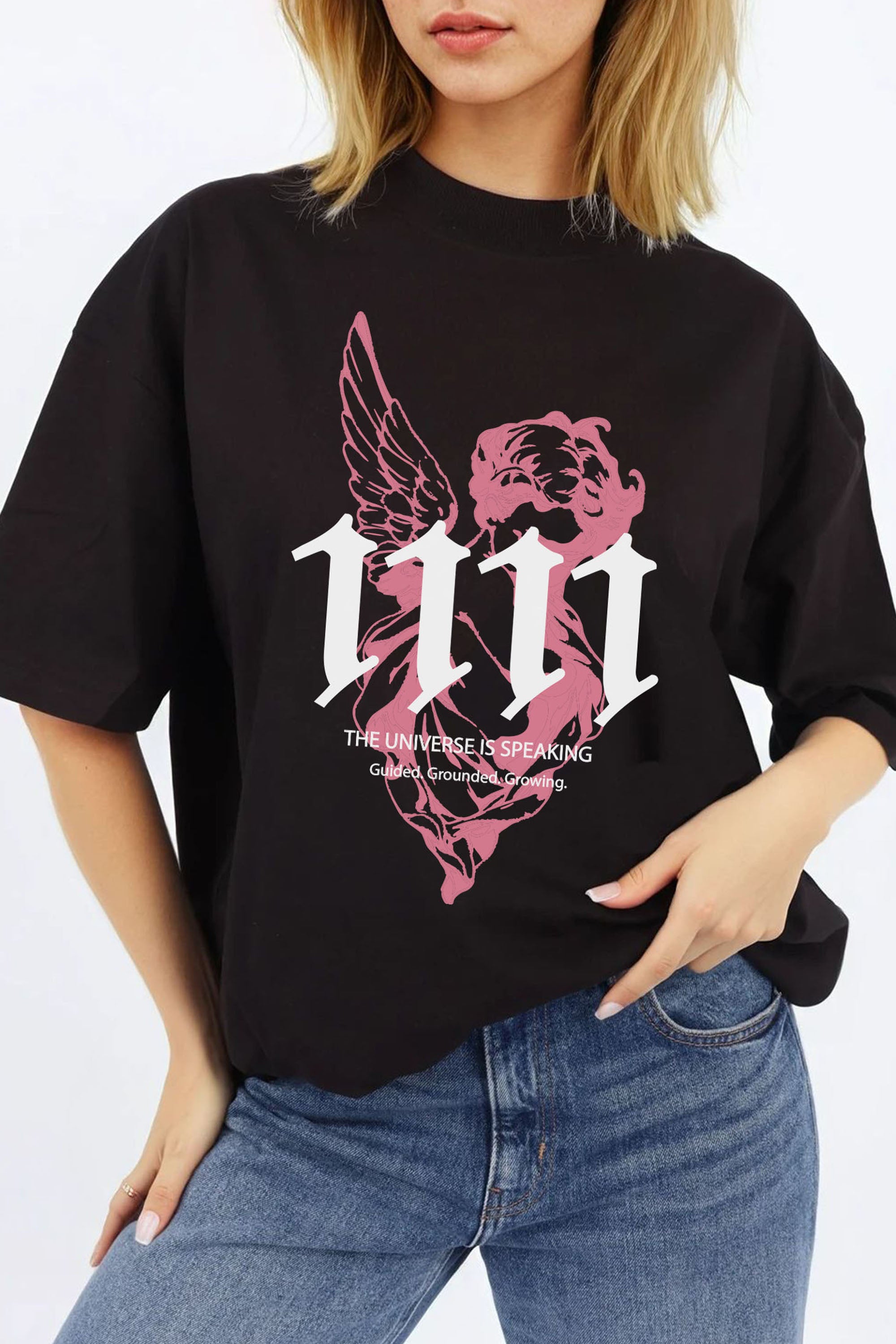 Oversized Black T-shirt with pink guided angel line art | Missi wholesale AW25/26 collection