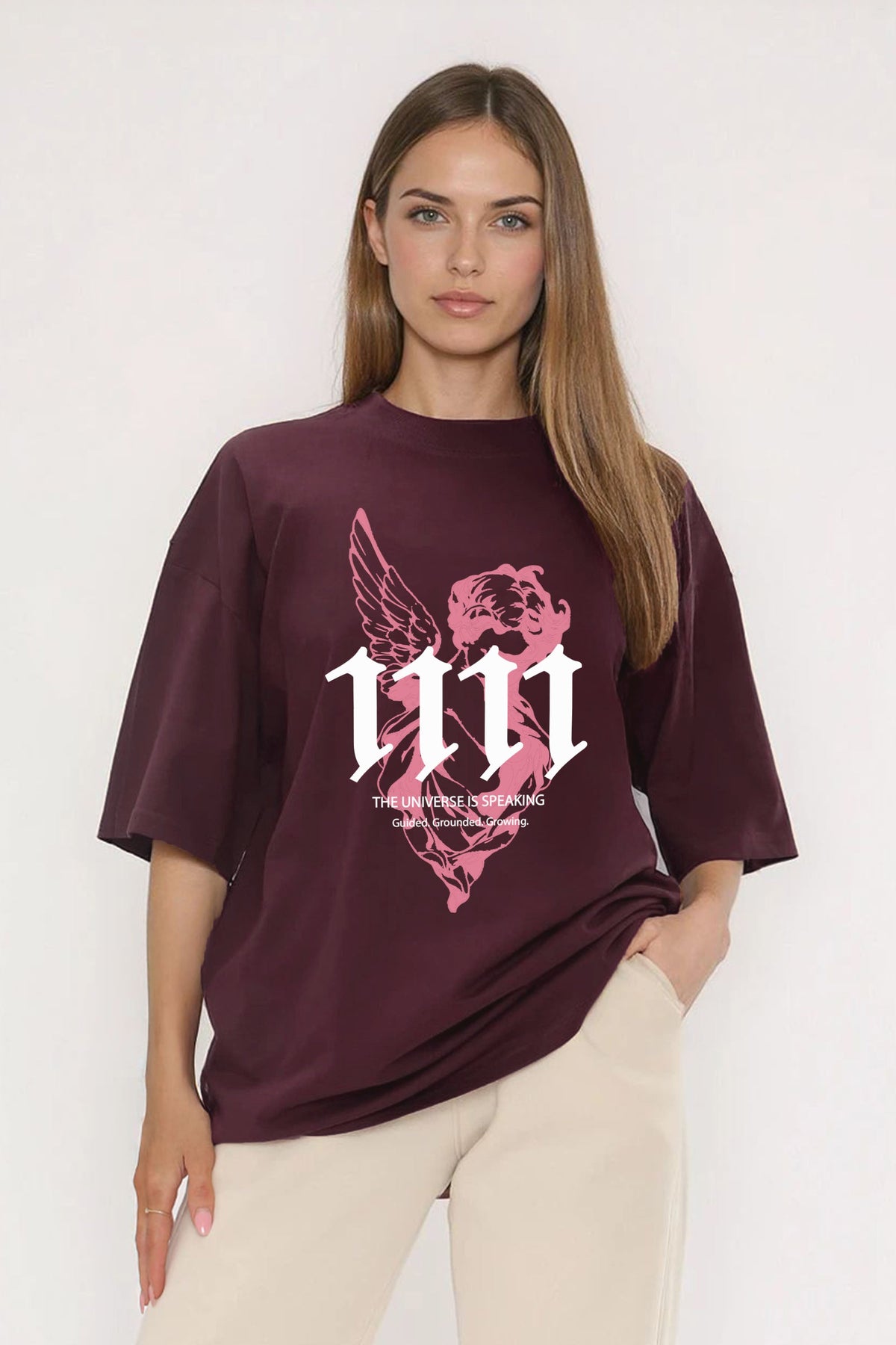 Oversized dark cherry T-shirt with pink guided angel line art | Missi wholesale AW25/26 collection
