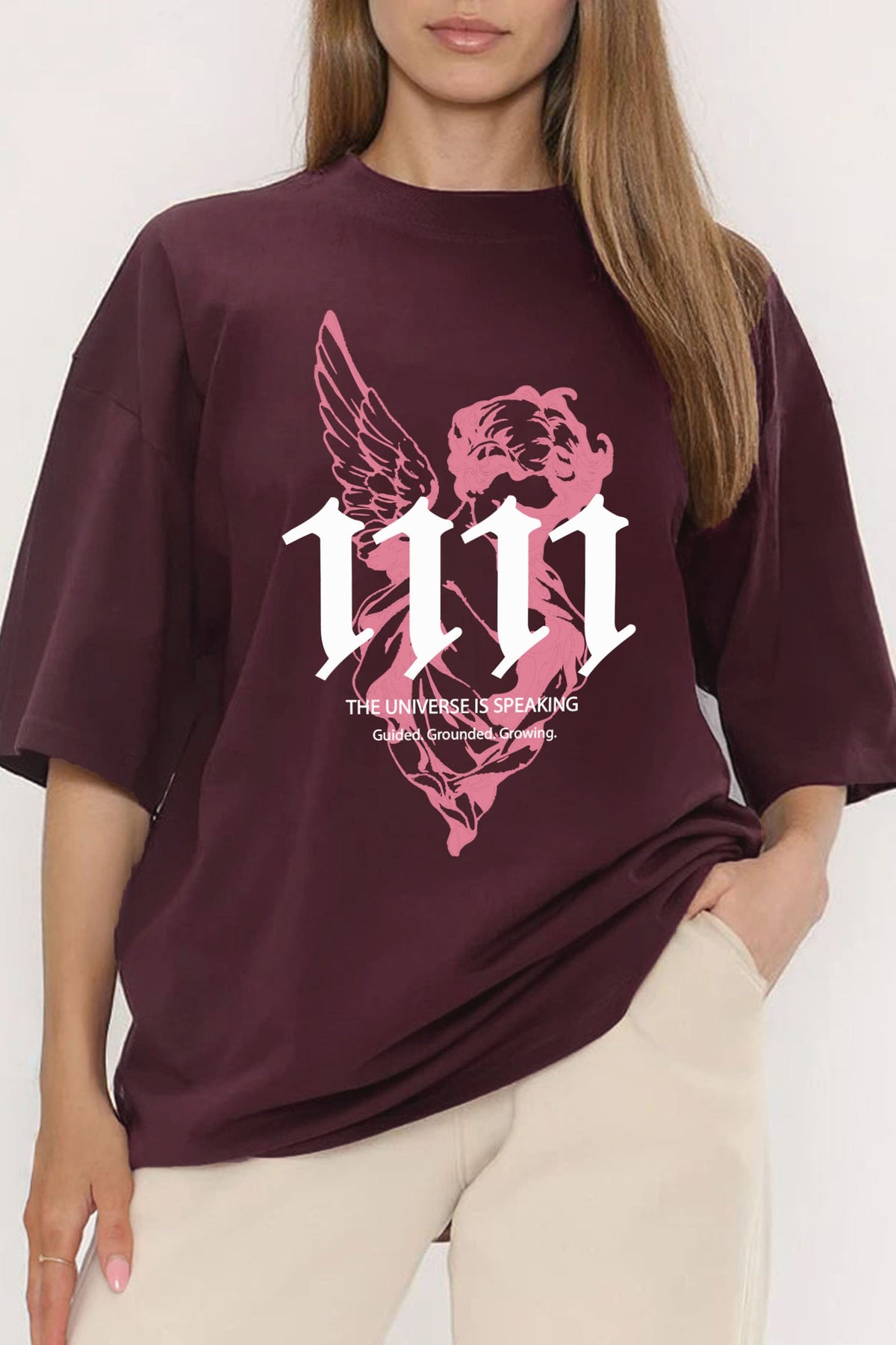 Oversized dark cherry T-shirt with pink guided angel line art and 11:11 text print – Missi wholesale AW25/26 collection
