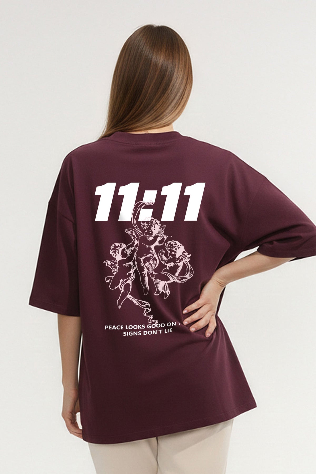 Dark cherry oversized T-shirt with white 11:11 Peace Angel graphic print on back | Missi wholesale