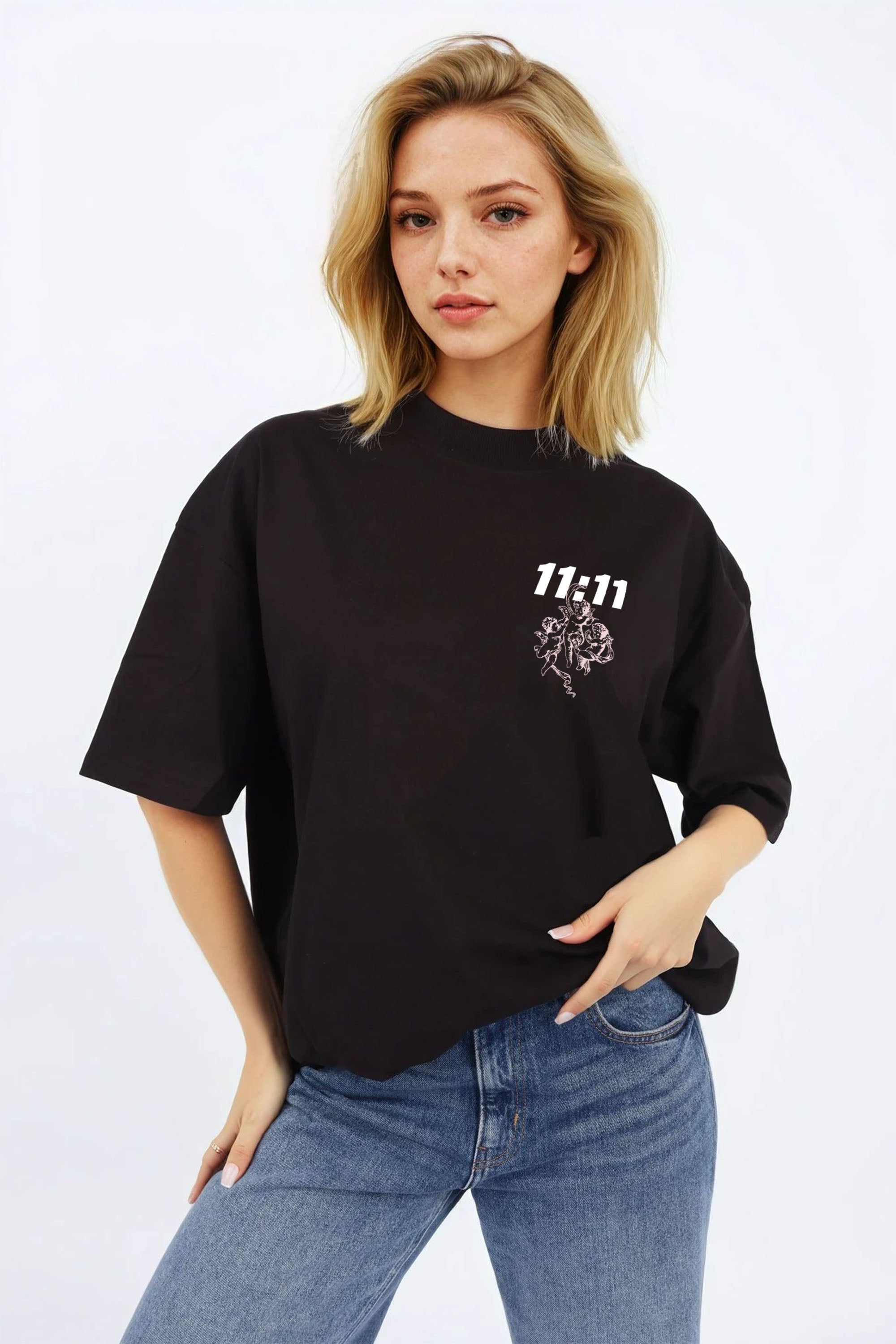 Black Oversized T-shirt with white 11:11 angel chest print, model wearing size M – Missi Clothing AW25/26.