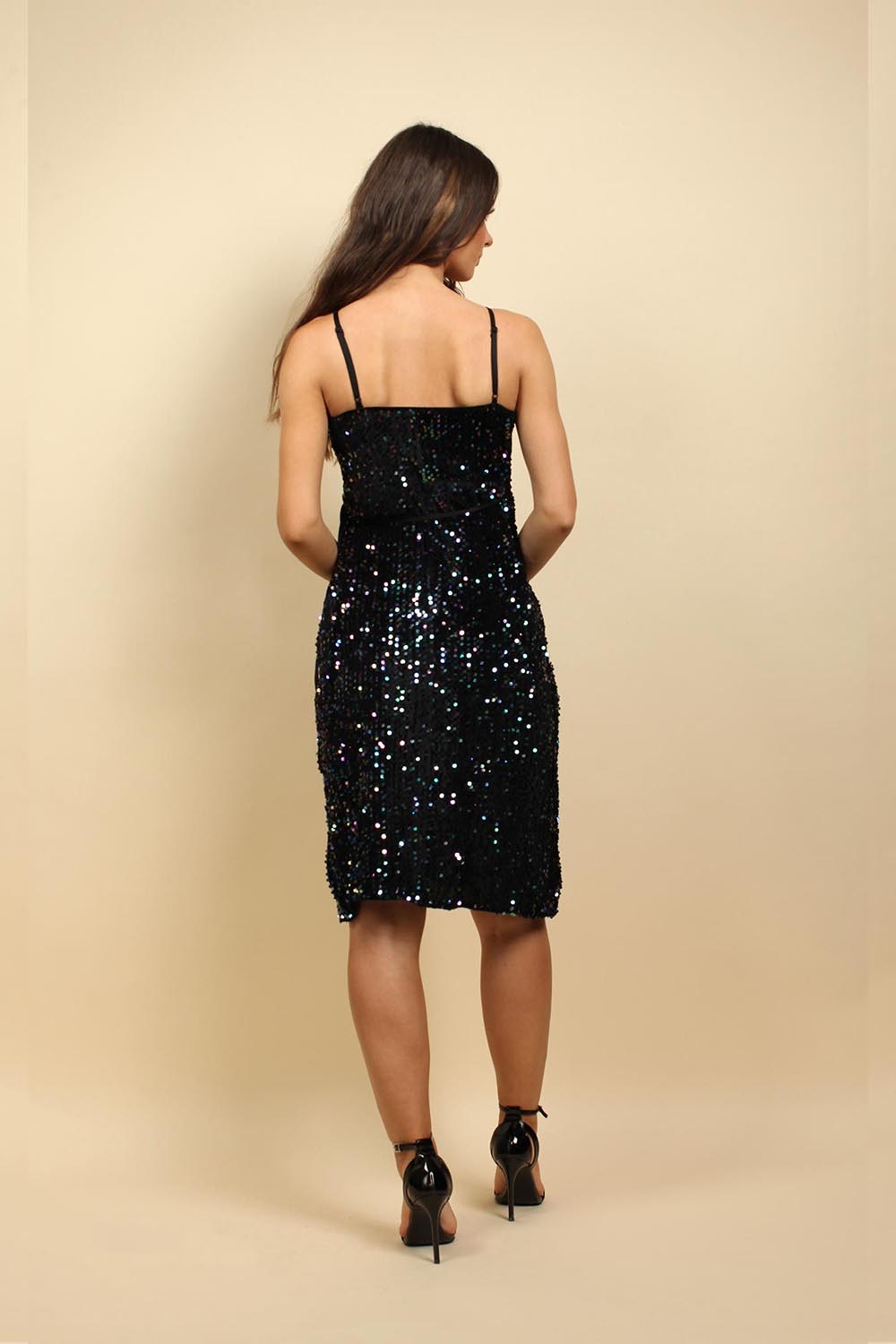 Wrap Over Dress In Velvet Sequin In Iridescent Black (Single Piece)