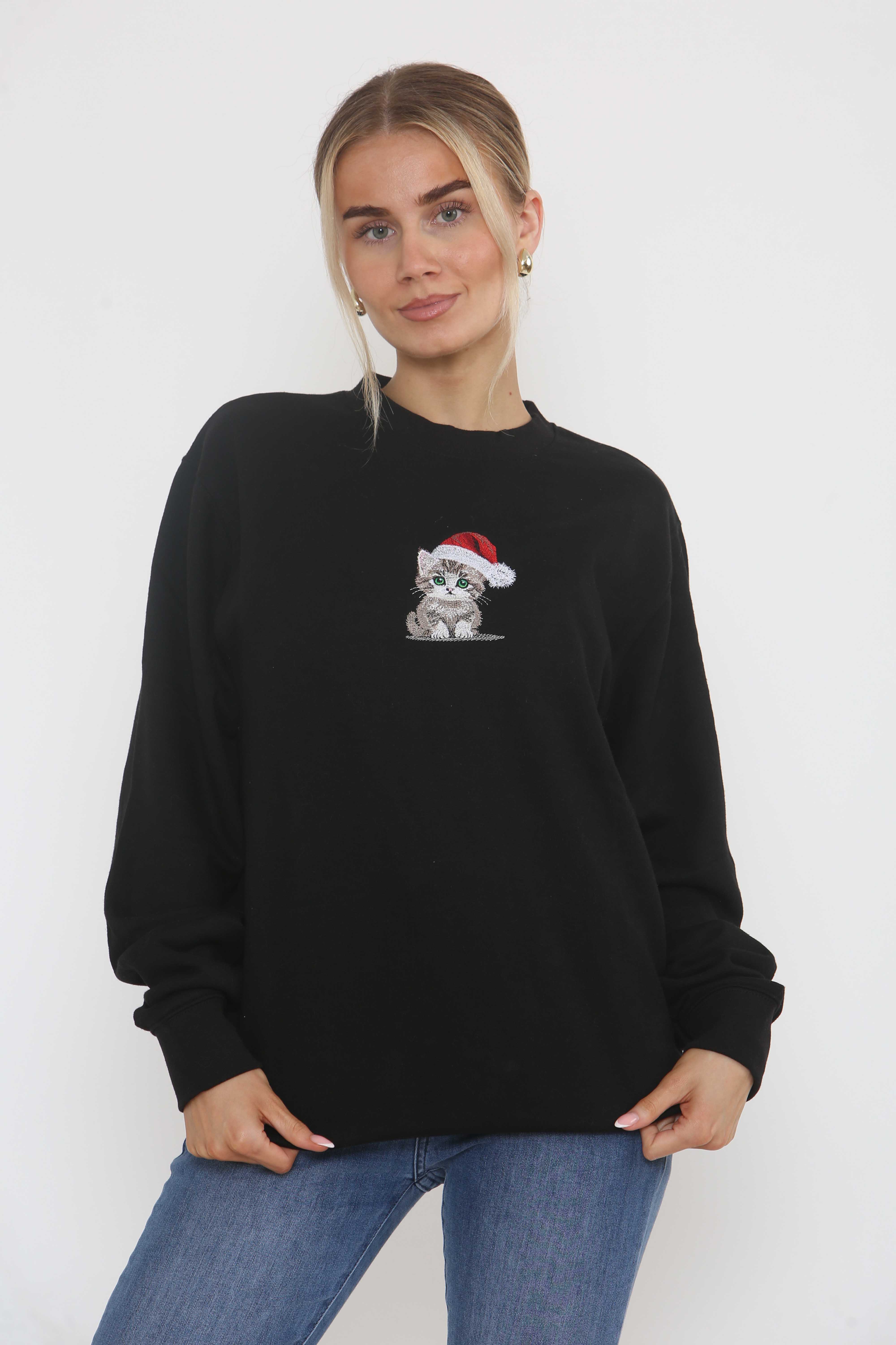 Unisex Heavy Blend Christmas Cat Embroidered Sweatshirt