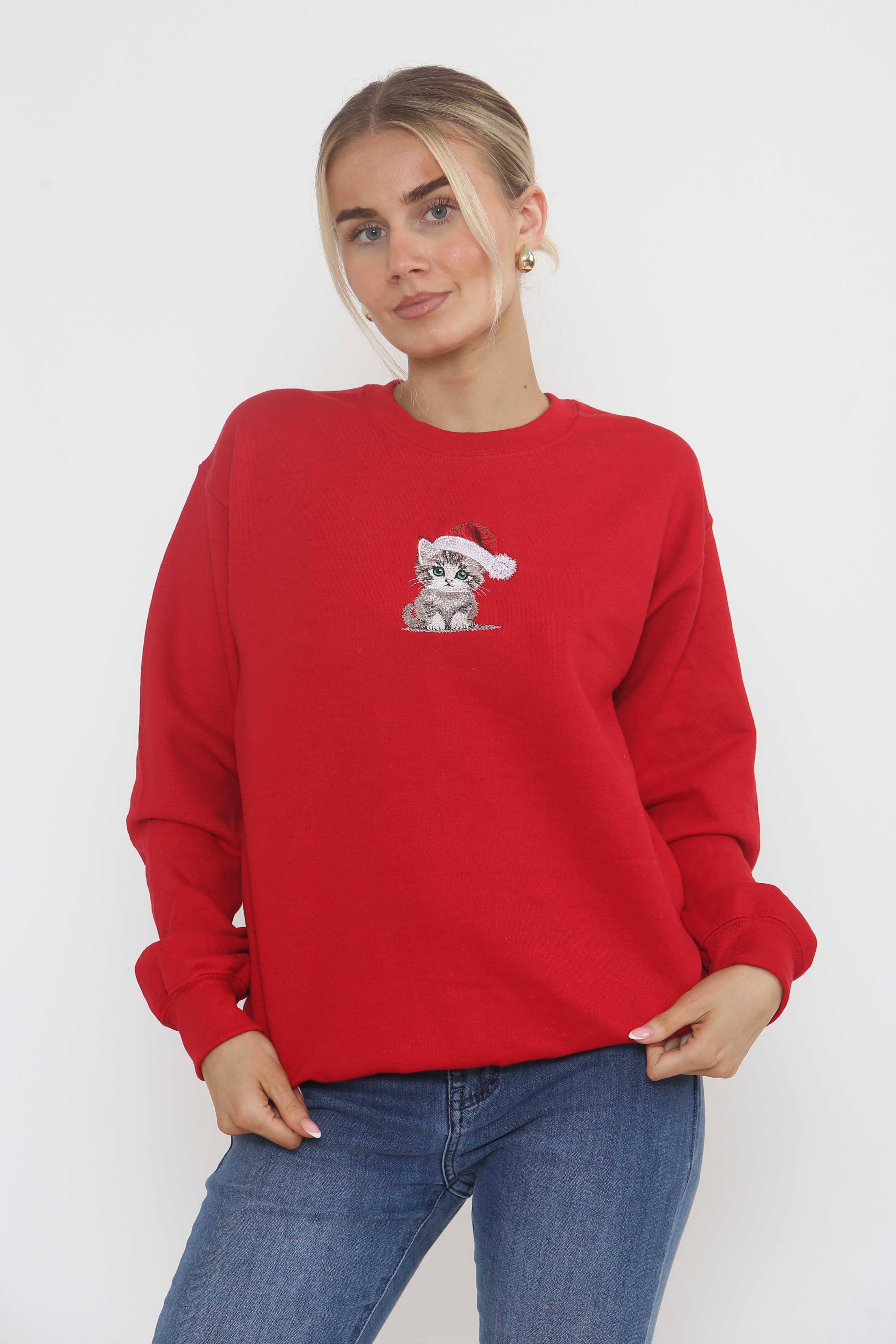 Unisex Heavy Blend Christmas Cat Embroidered Sweatshirt
