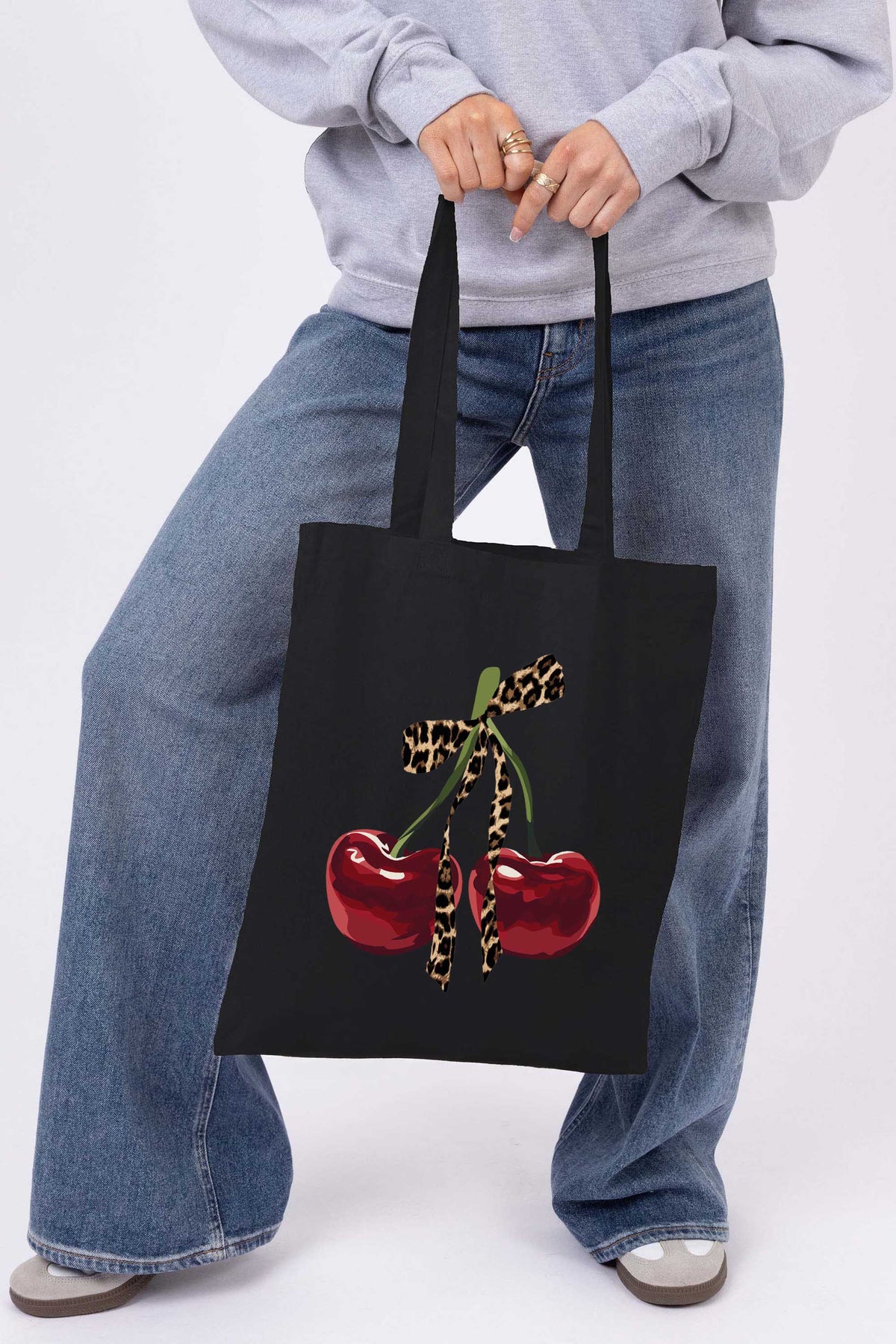 Leopard Bow Cherry Graphic Printed Cotton Tote Bag