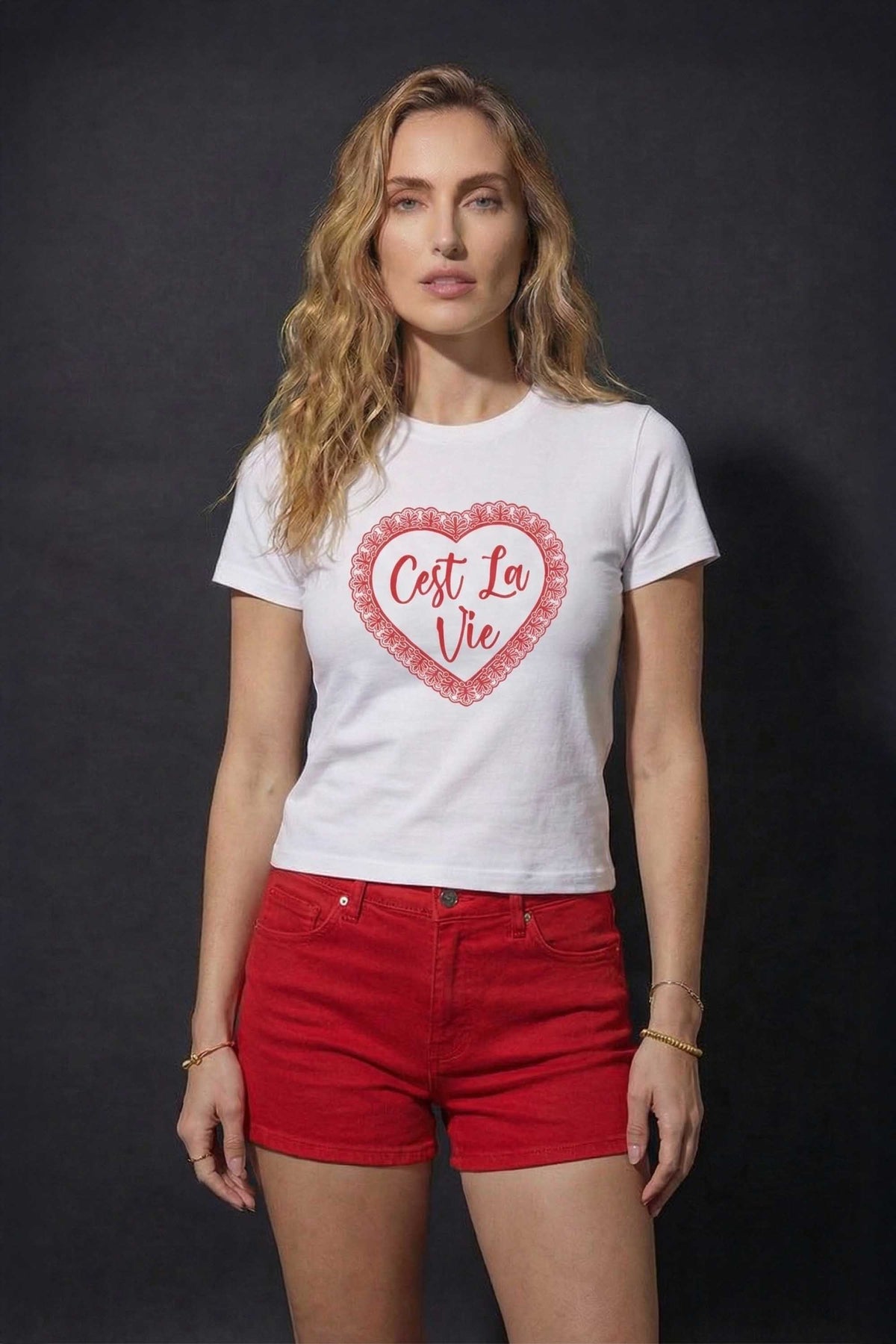 220GSM C’est La Vie Lace Heart Printed Baby Tee