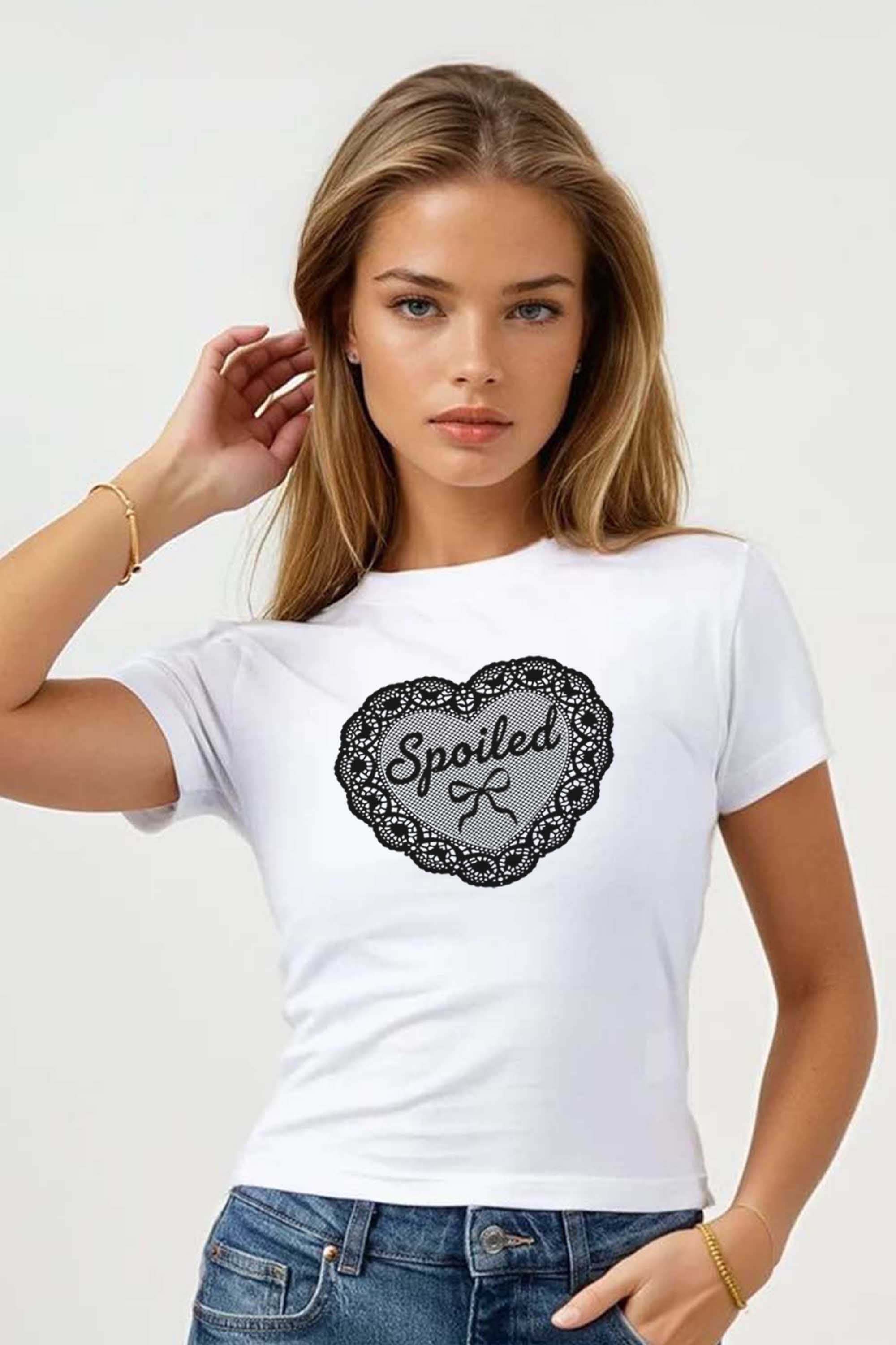 220GSM Spoiled Lace Heart Printed Baby Tee