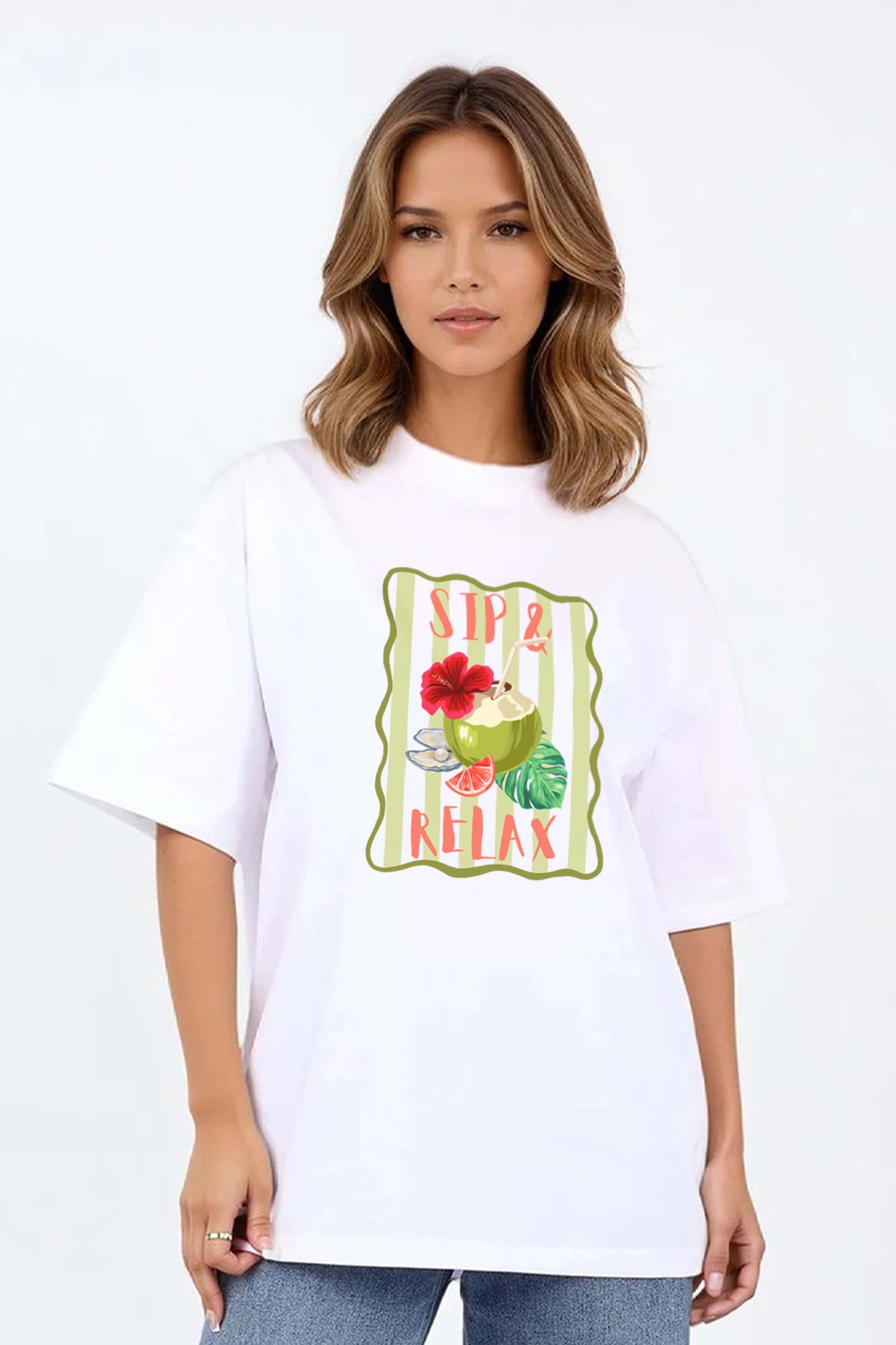 220GSM Oversized T-Shirt in Sip and Relax Print