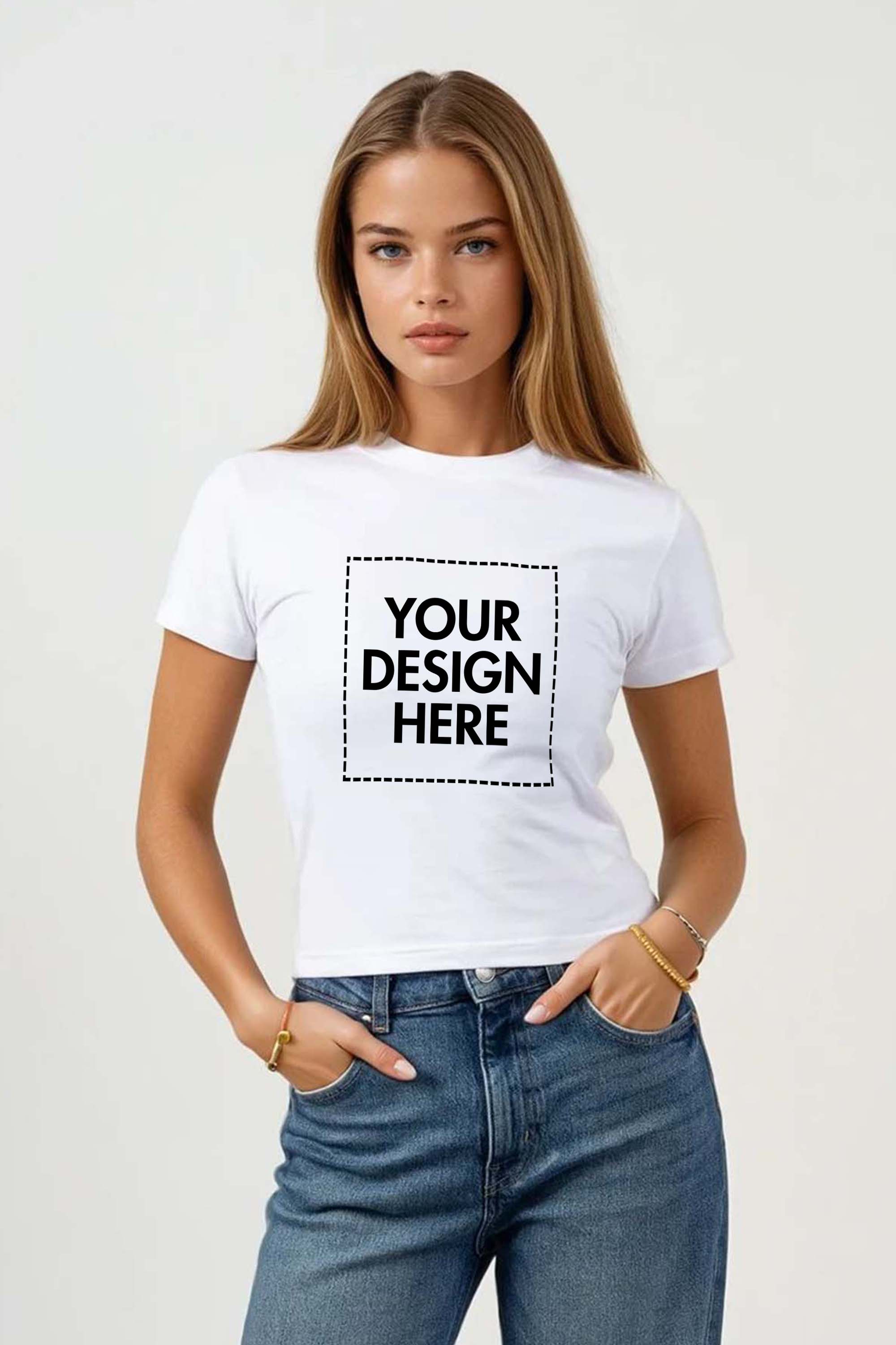 Model wearing custom baby tee in white with personalised print | custom baby tee UK