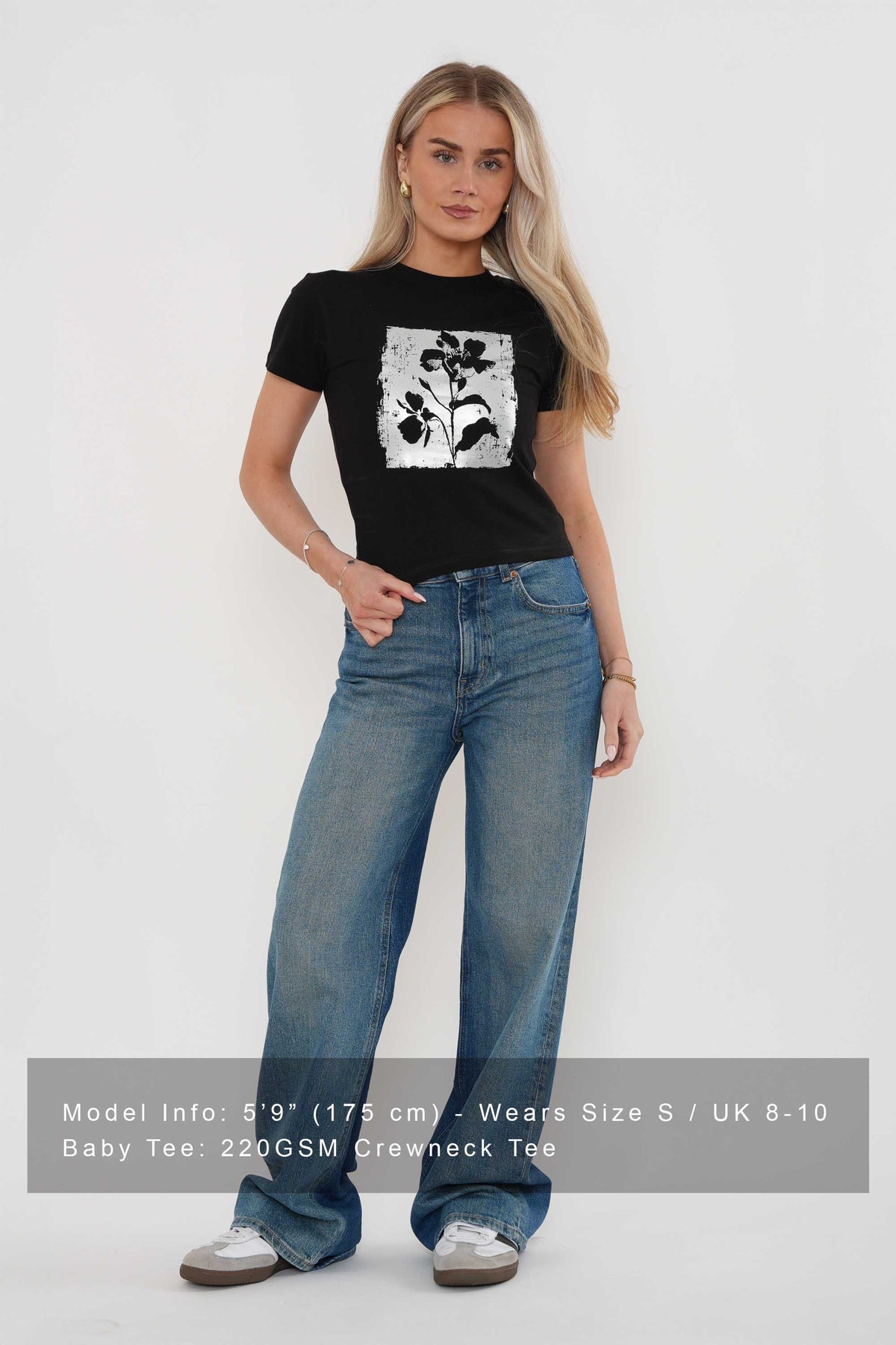 220GSM Black Flower Foil Printed Baby Tee