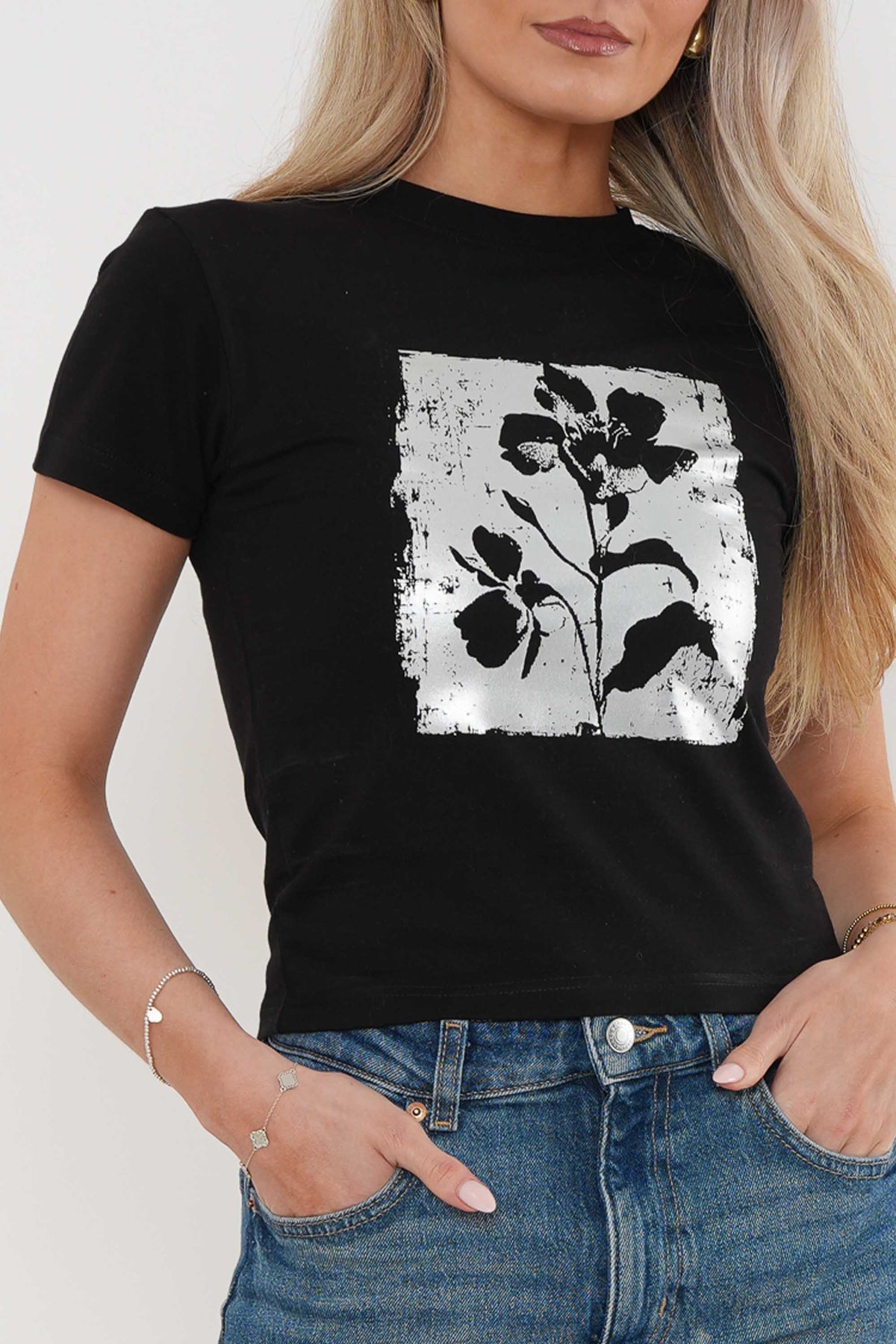 220GSM Black Flower Foil Printed Baby Tee