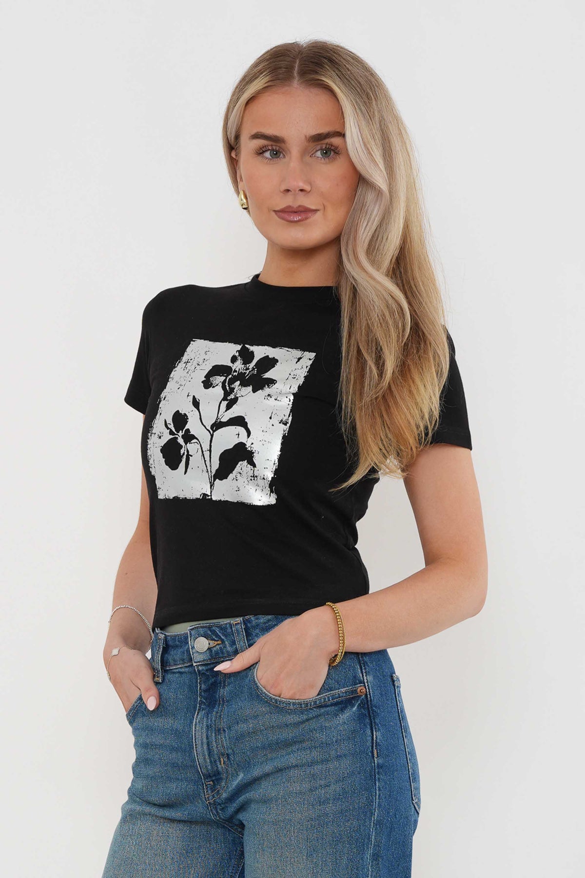 220GSM Black Flower Foil Printed Baby Tee
