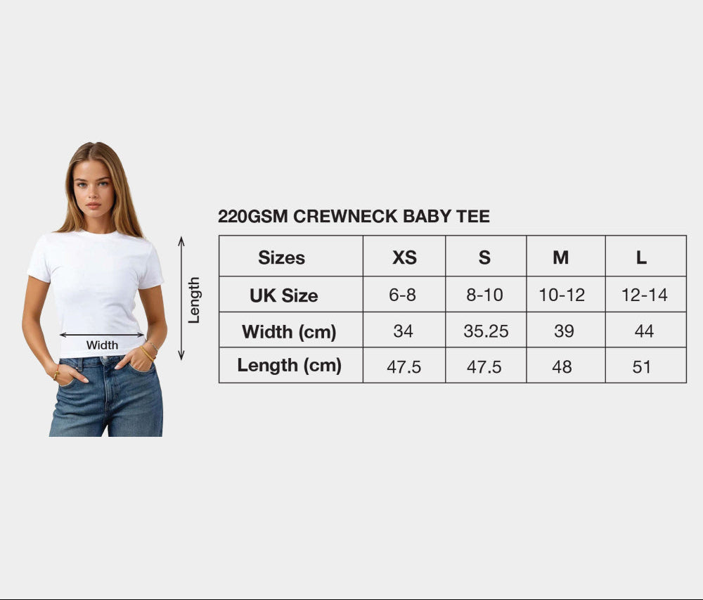 Model in fitted white baby tee | custom baby tee size chart