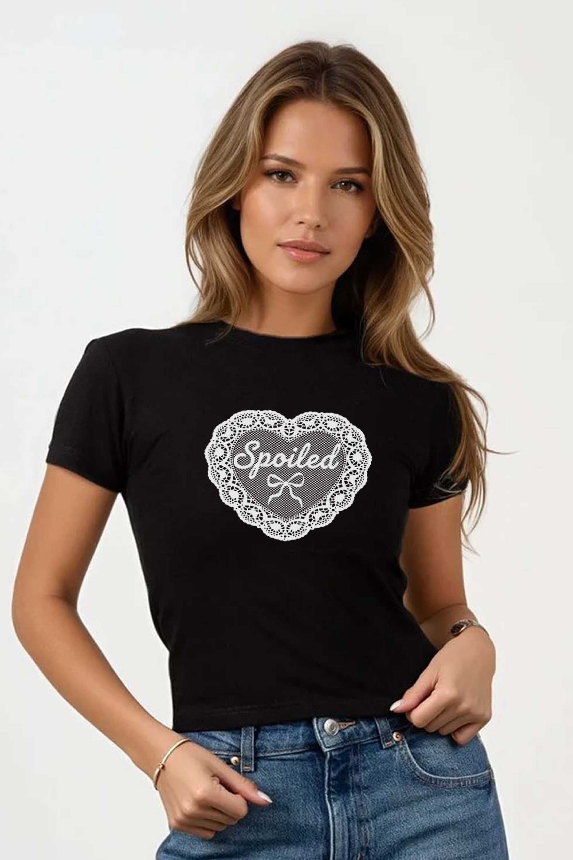 220GSM Spoiled Lace Heart Printed Baby Tee