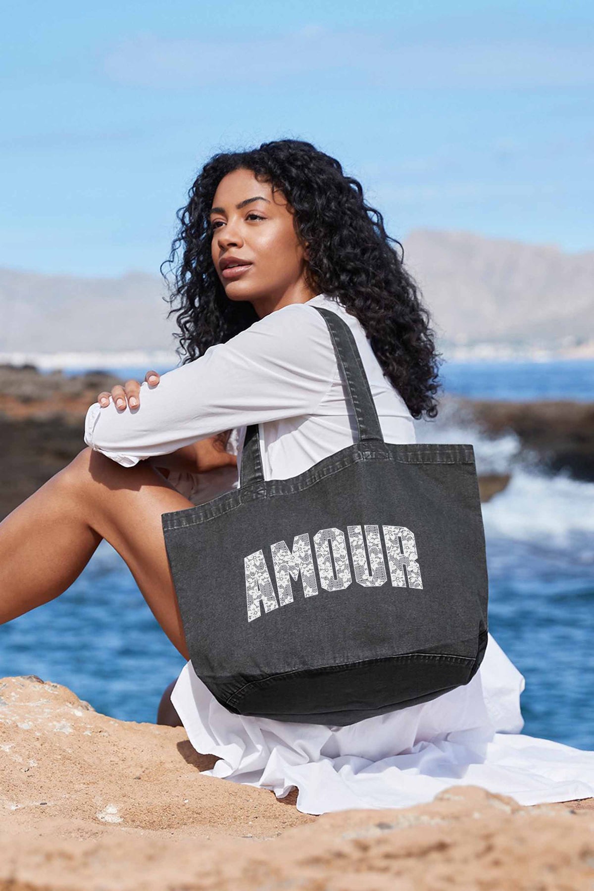 340gsm Acid Washed Oversized Amour Lace Printed Cotton Tote Bag