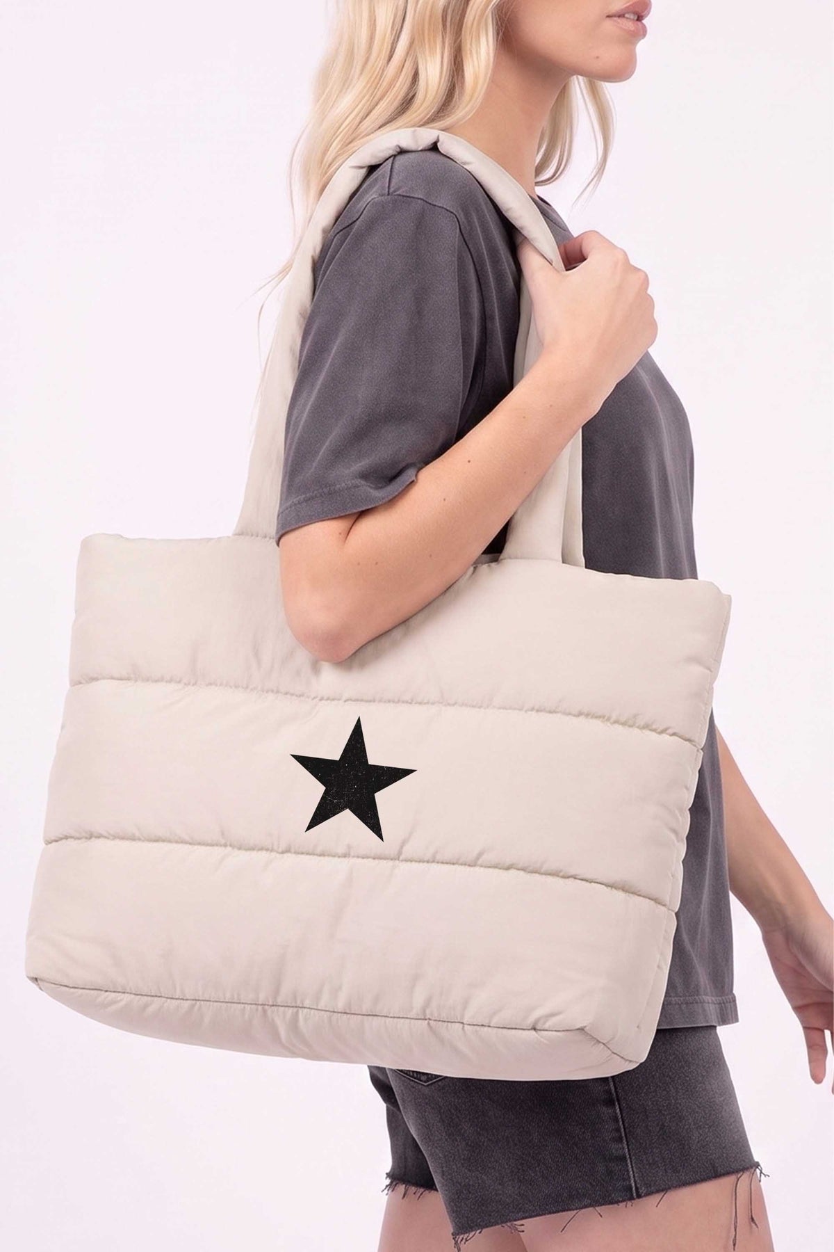 Quilted Distressed Star Printed Tote Bag