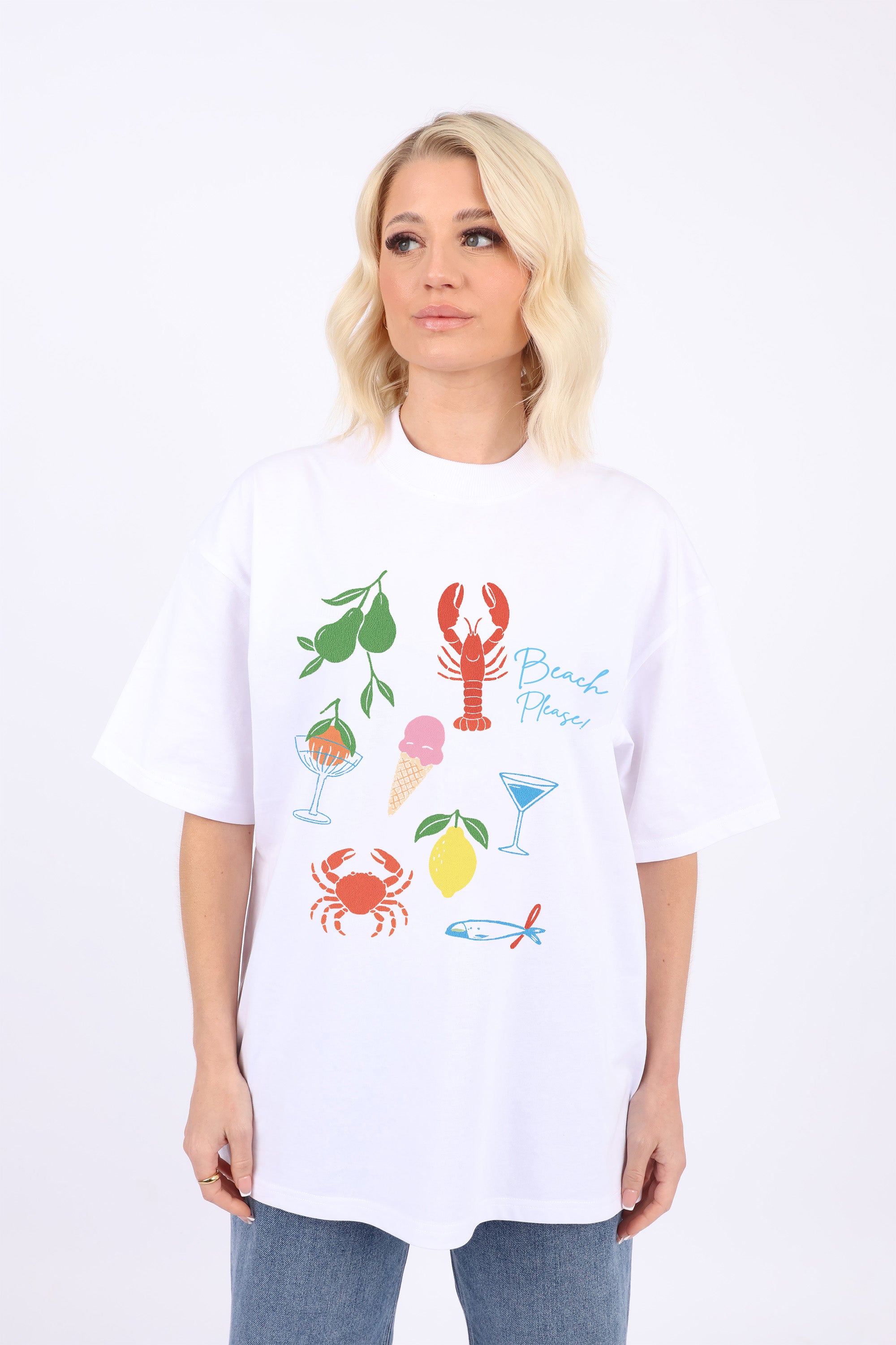 220GSM Oversized T-Shirt Beach Please Seafood Print