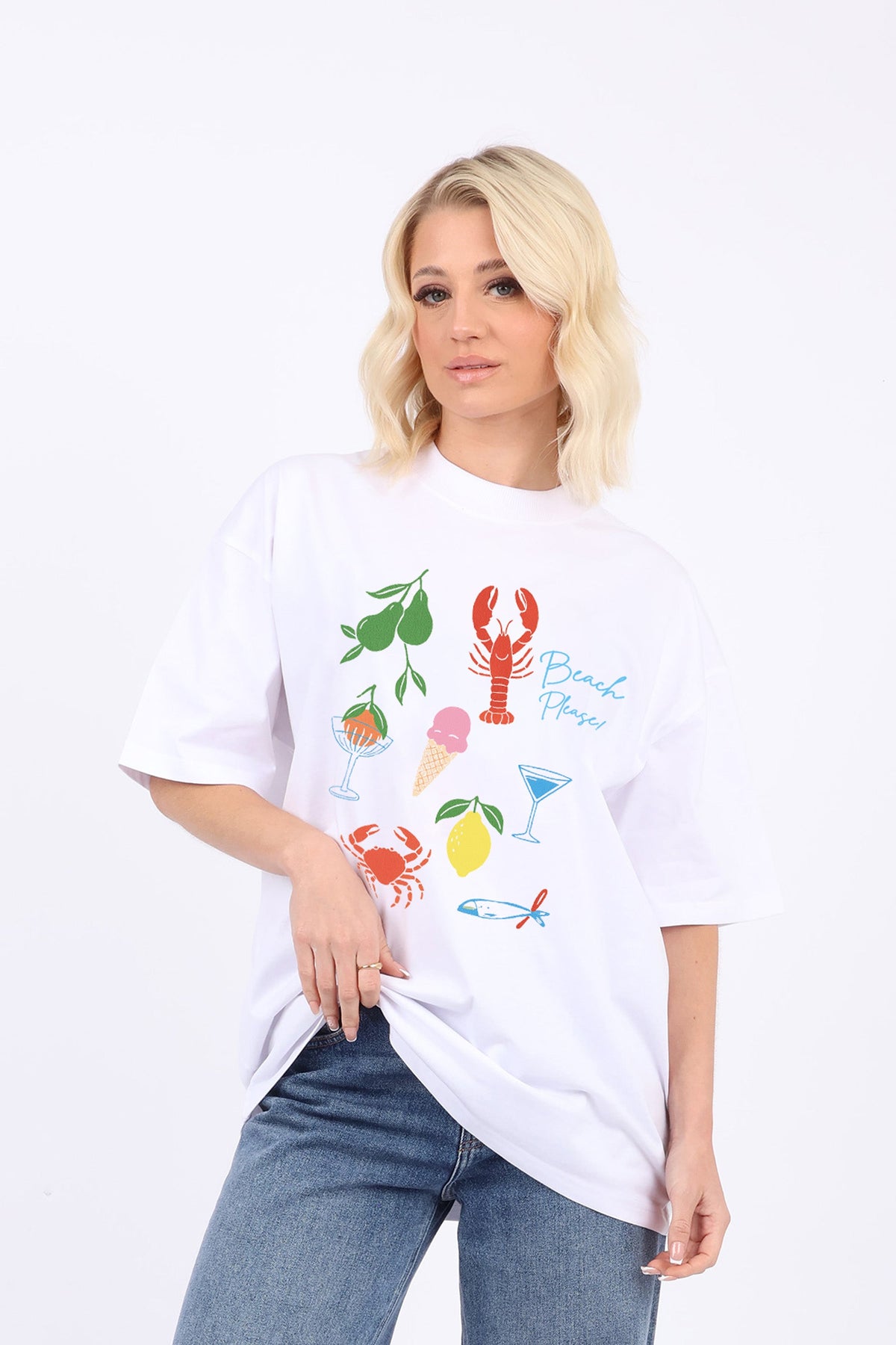220GSM Oversized T-Shirt Beach Please Seafood Print
