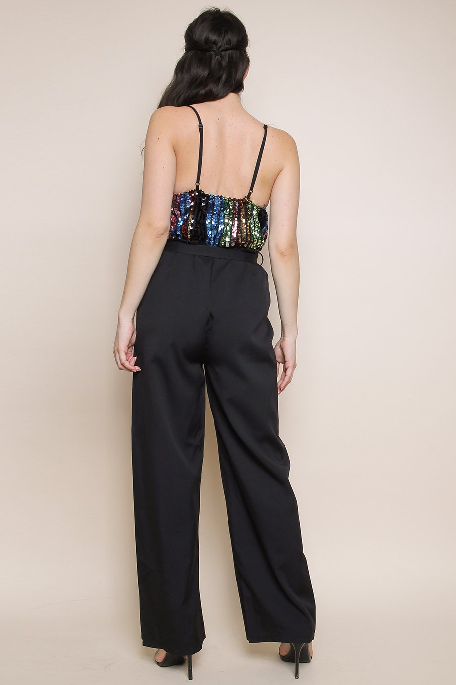 Black Sequin Stripe Wrap Jumpsuit (Single Piece)