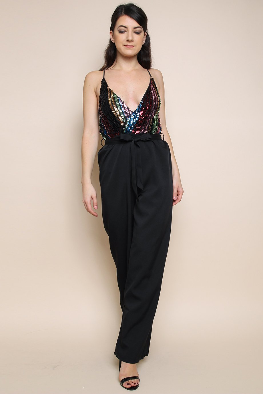 Black Sequin Stripe Wrap Jumpsuit (Single Piece)