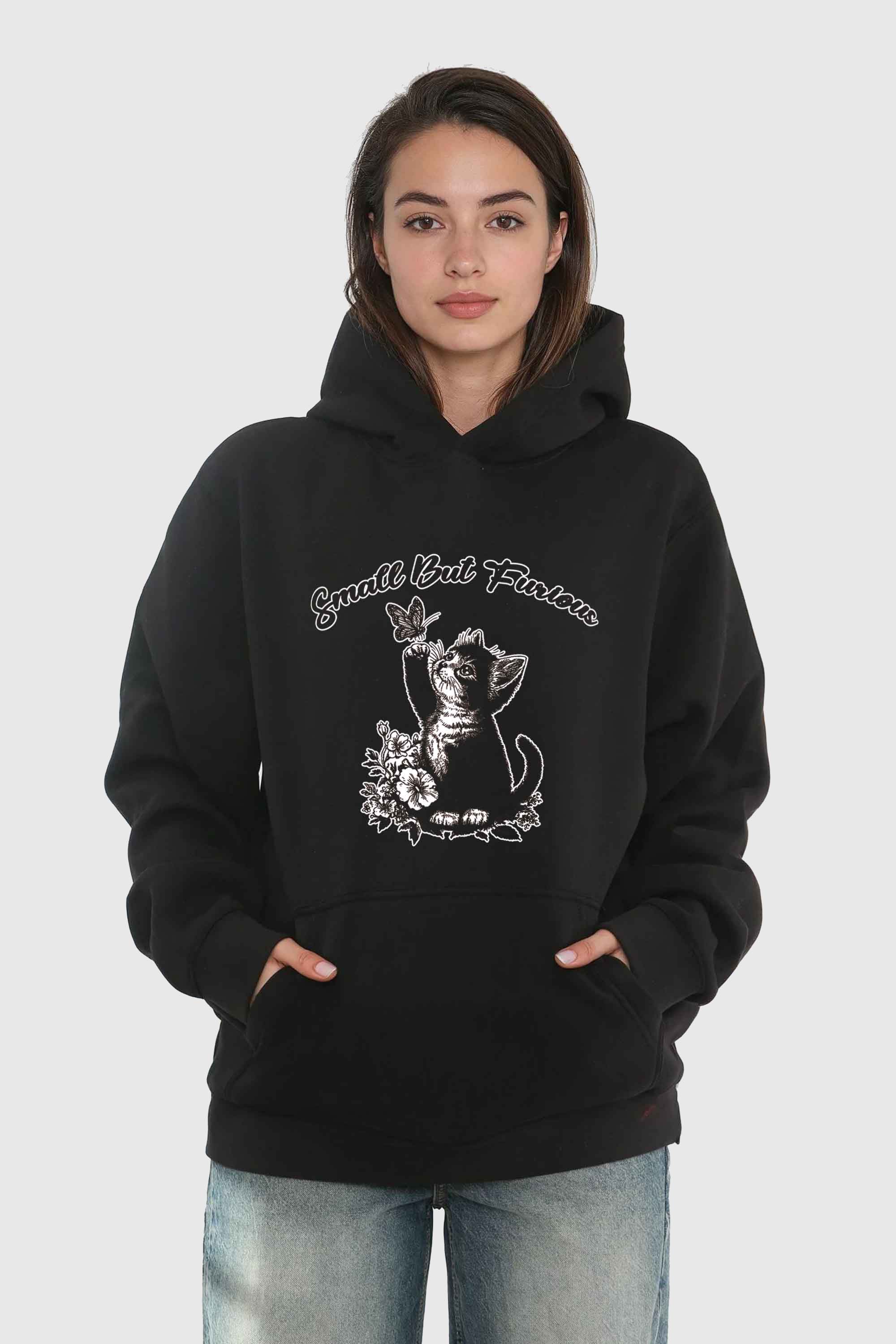Unisex 280GSM Blended Small But Furious Cat Printed Hoodie