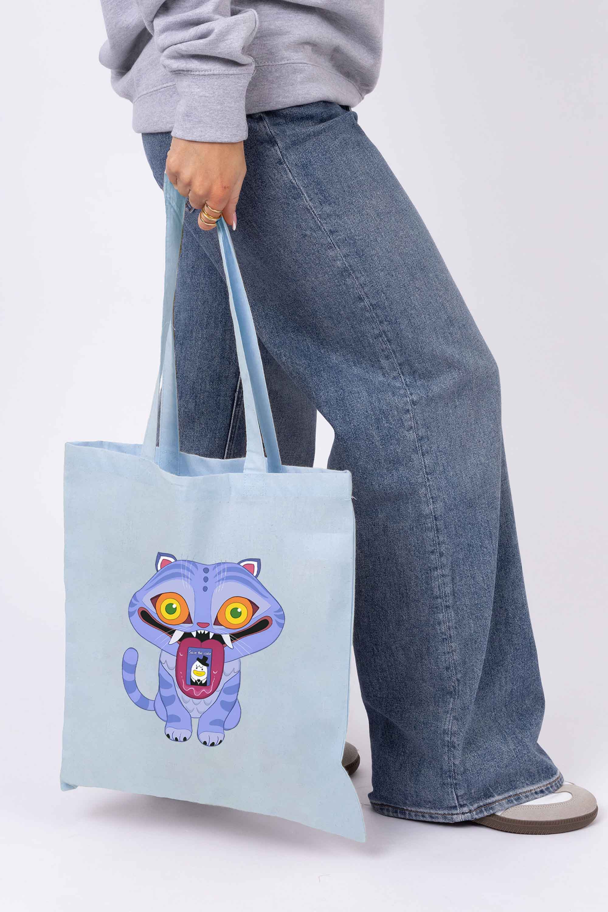 K-Pop Derpy Demon Cat Graphic Printed Cotton Tote Bag
