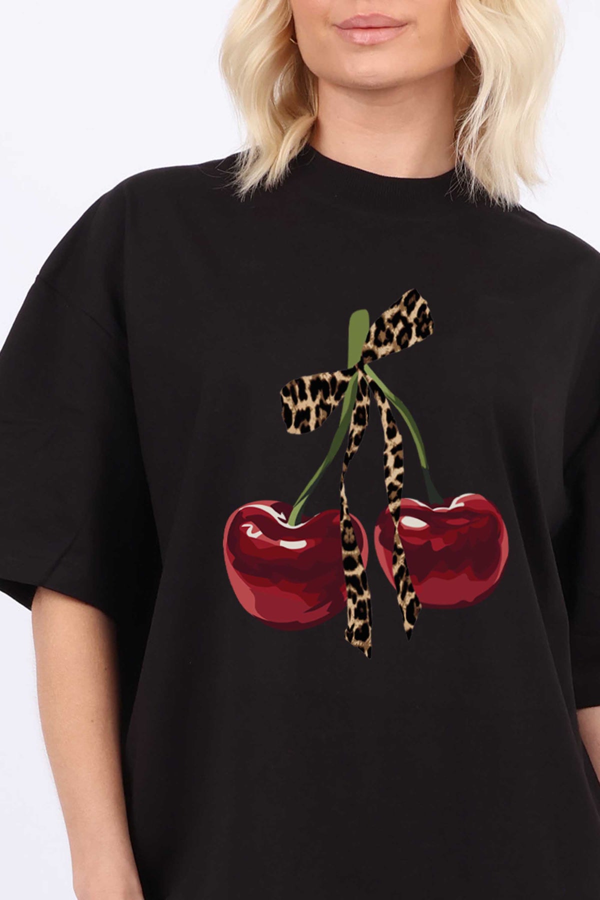 220GSM Oversized T-Shirt in Leopard Bow Cherry Print