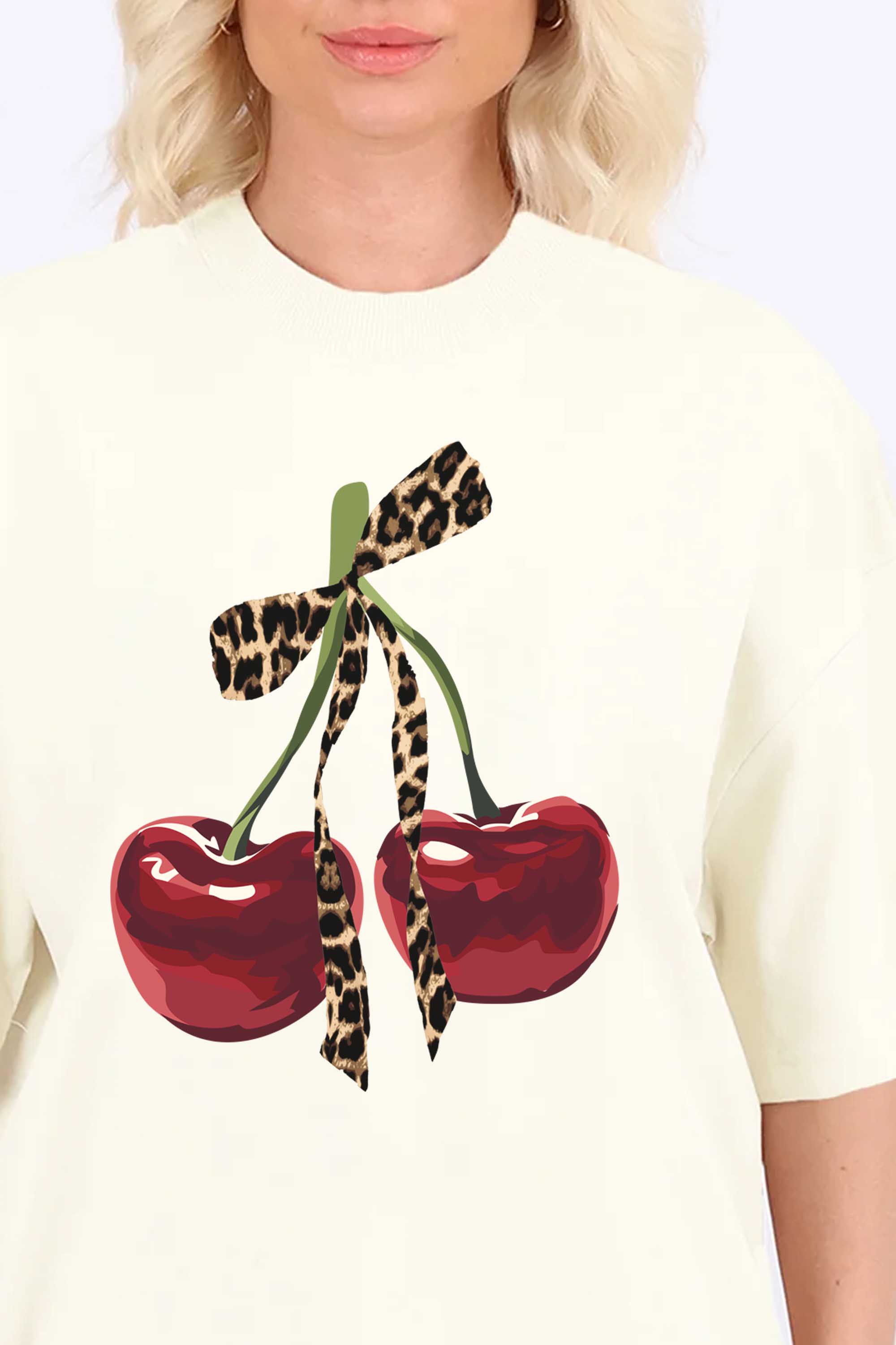 220GSM Oversized T-Shirt in Leopard Bow Cherry Print