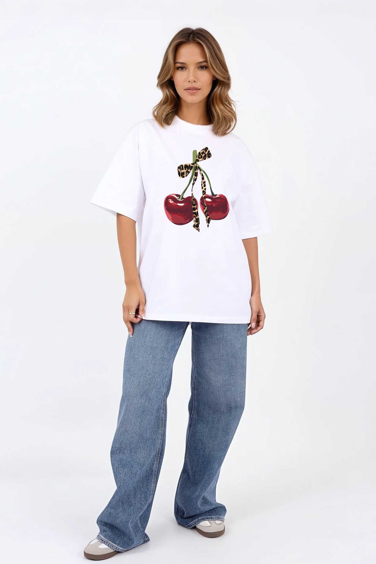 220GSM Oversized T-Shirt in Leopard Bow Cherry Print