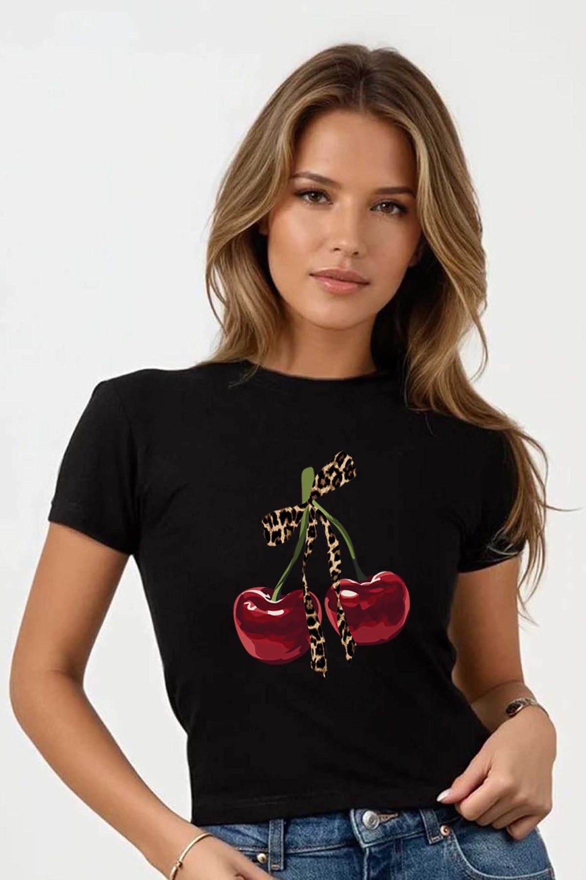 220GSM Leopard Bow Cherry Printed Baby Tee