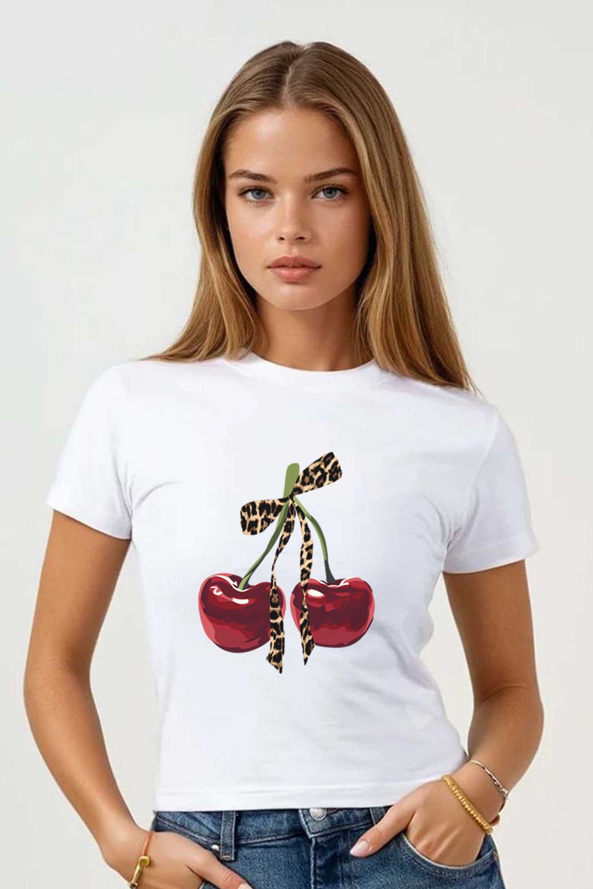 220GSM Leopard Bow Cherry Printed Baby Tee