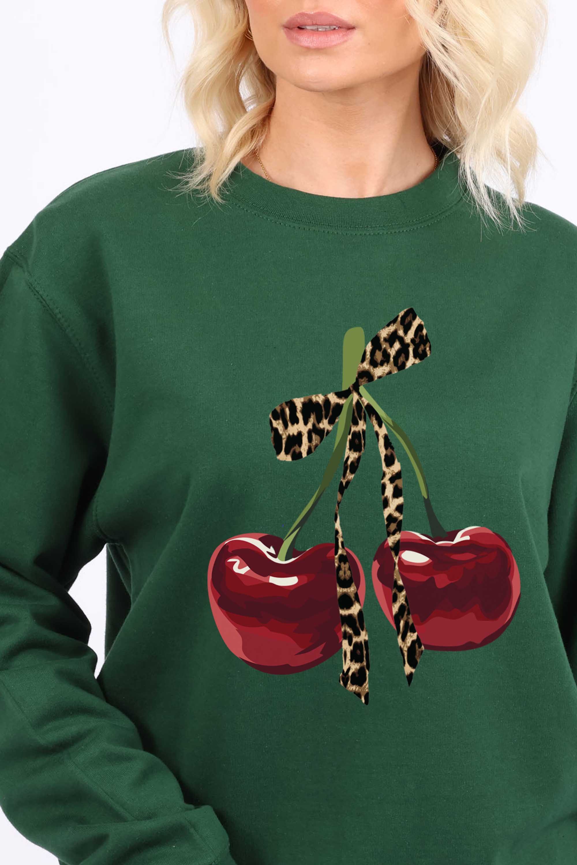 Leopard Bow Cherry Graphic Printed Sweatshirt