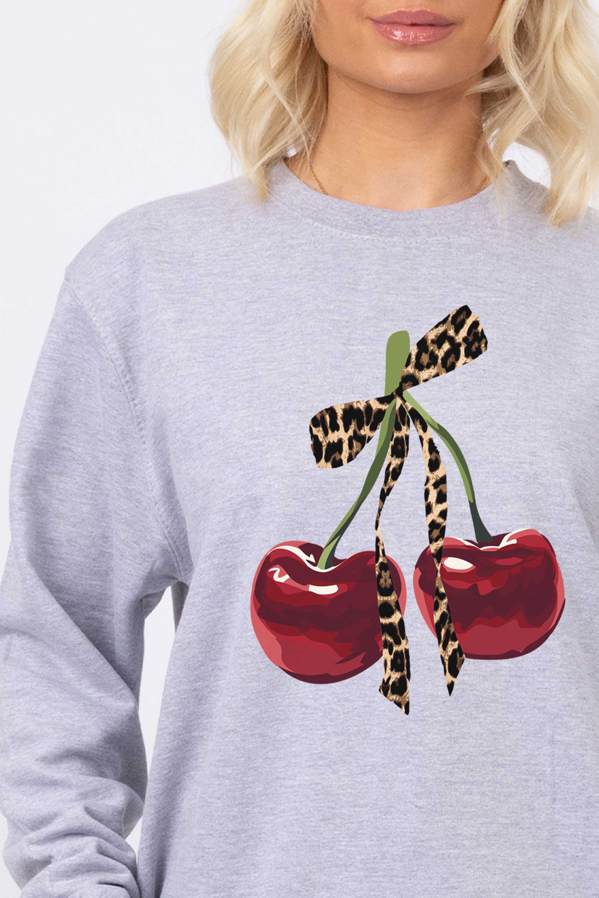 Leopard Bow Cherry Graphic Printed Sweatshirt