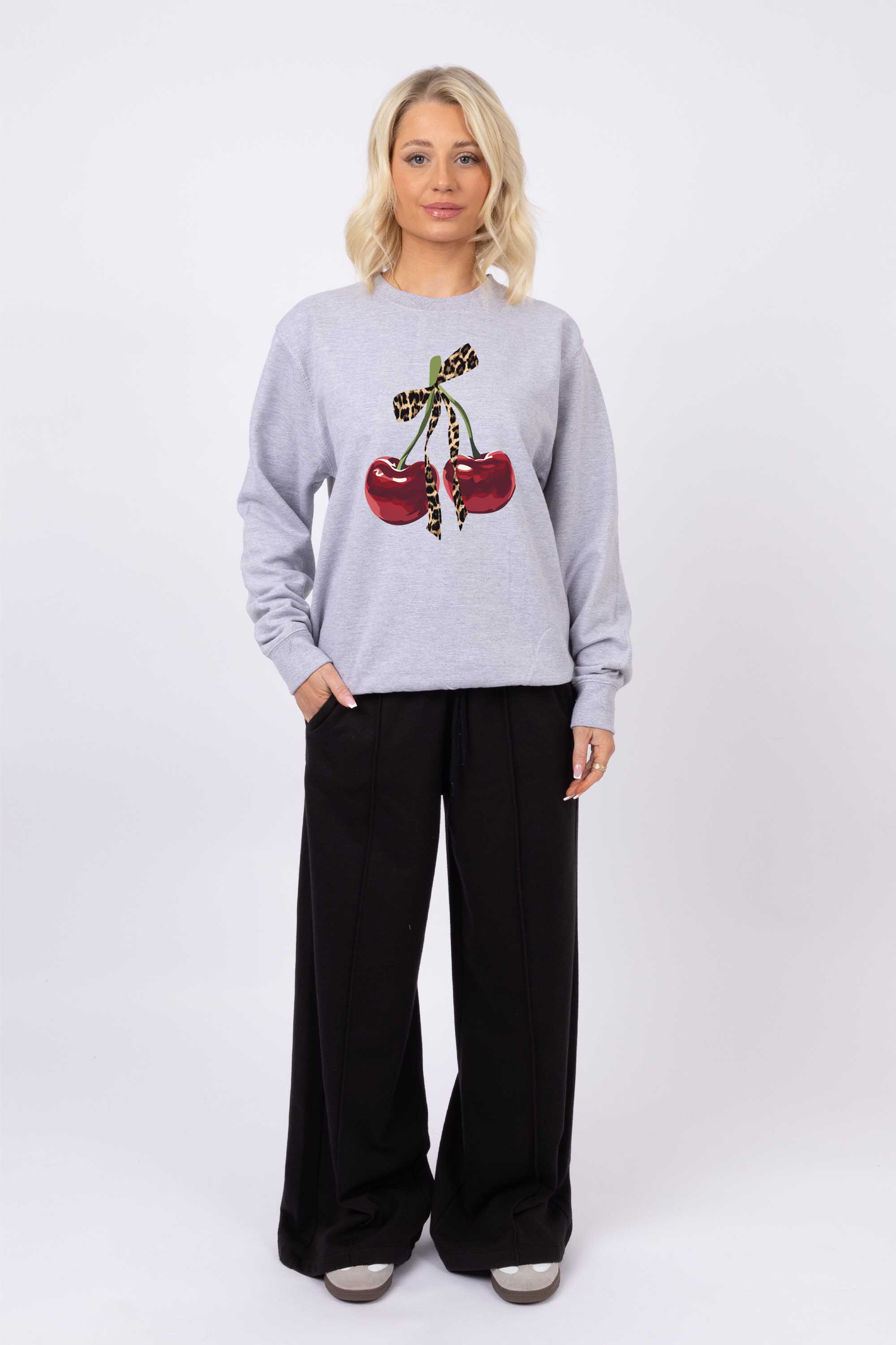 Leopard Bow Cherry Graphic Printed Sweatshirt