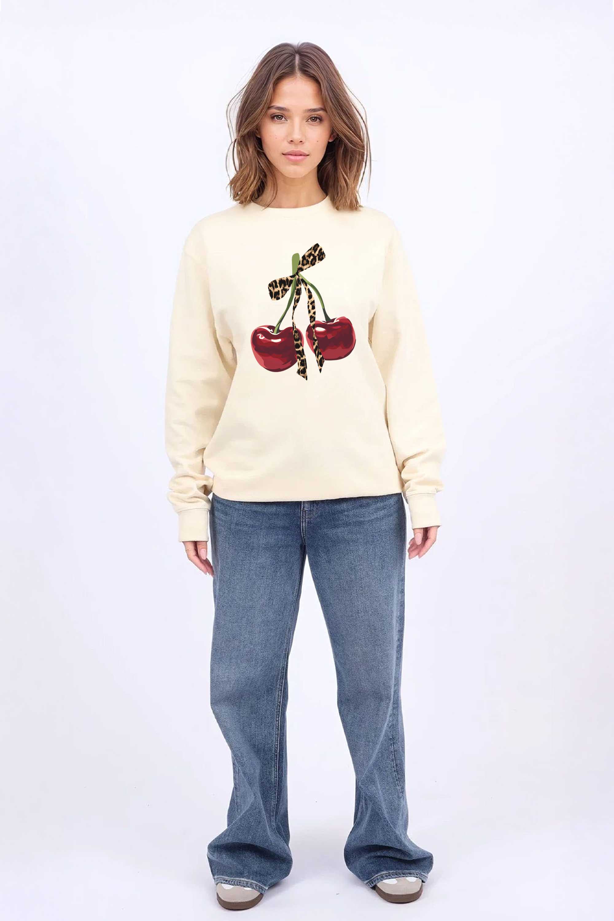 Leopard Bow Cherry Graphic Printed Sweatshirt