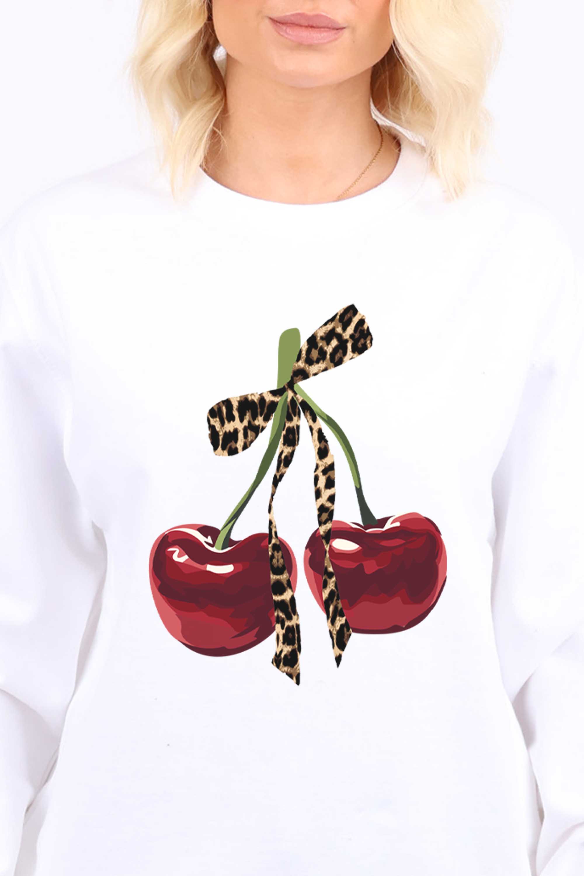 Leopard Bow Cherry Graphic Printed Sweatshirt