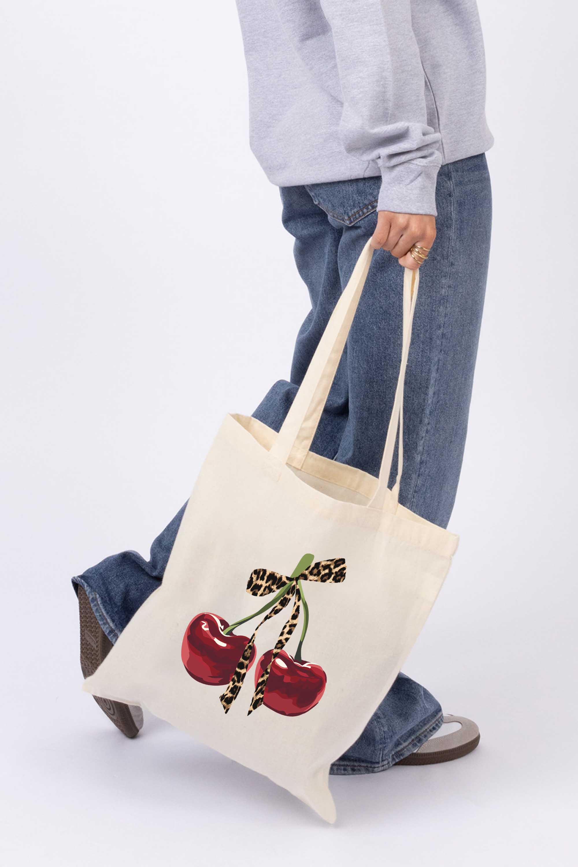 Leopard Bow Cherry Graphic Printed Cotton Tote Bag