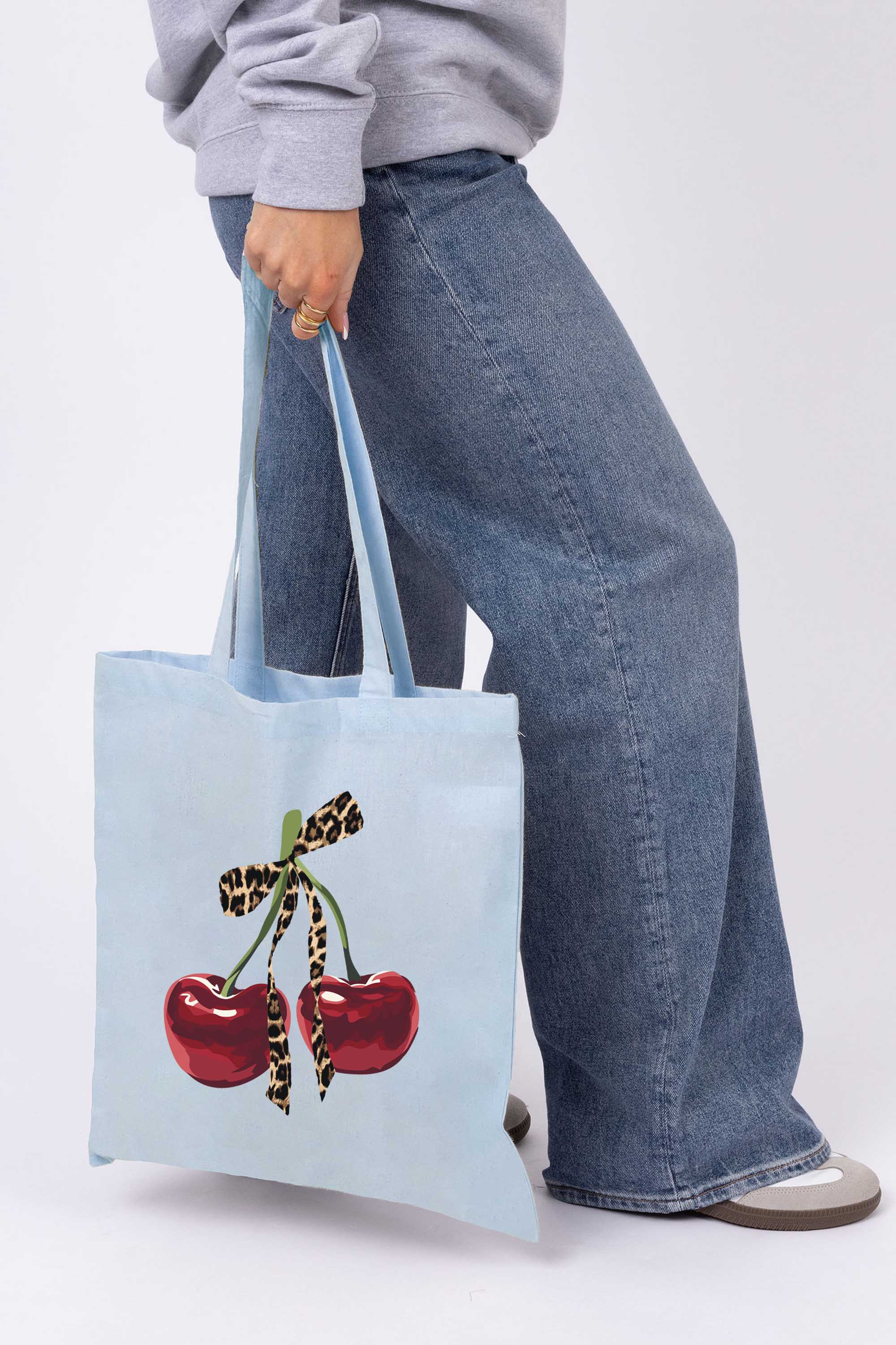 Leopard Bow Cherry Graphic Printed Cotton Tote Bag