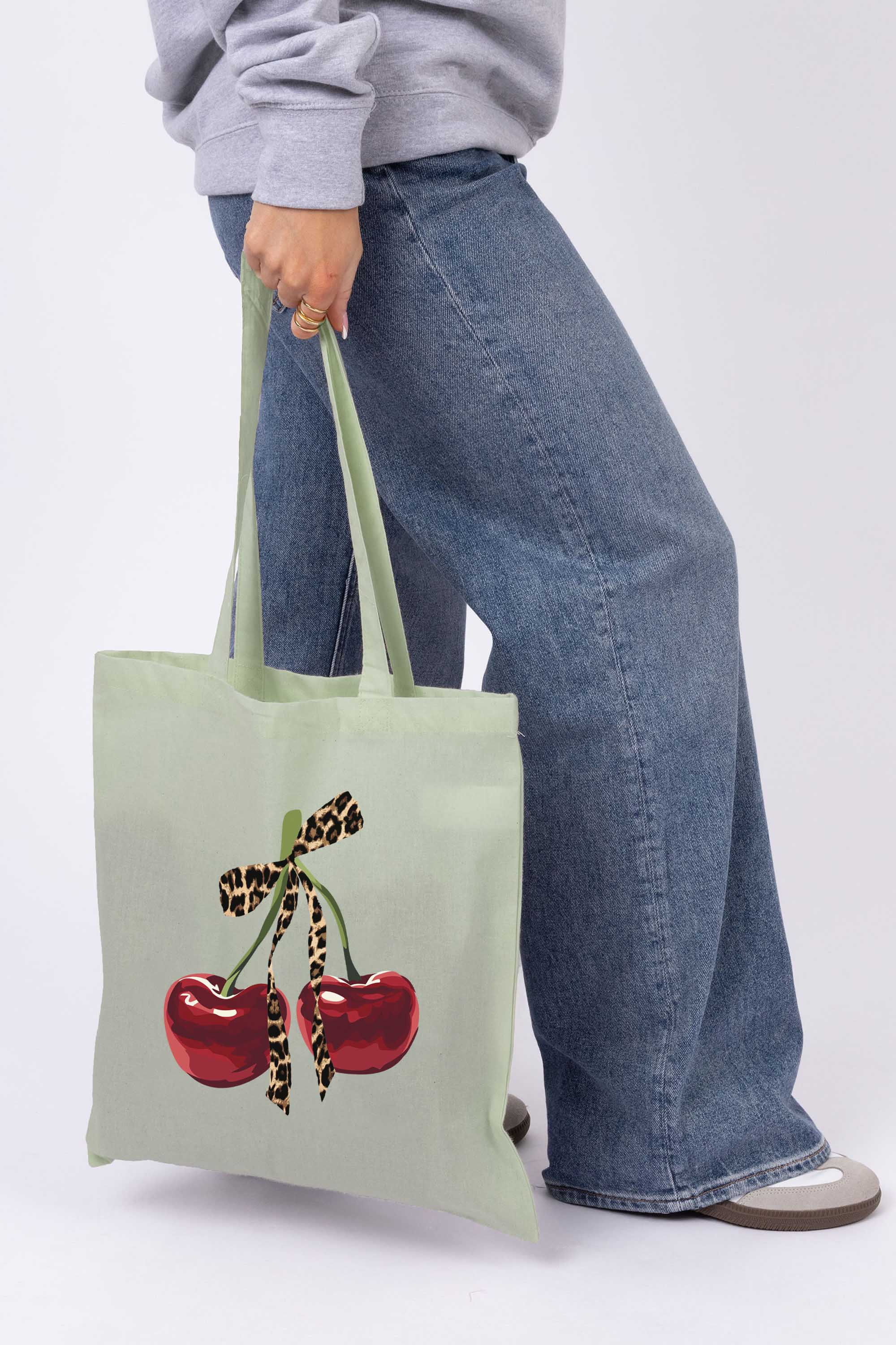 Leopard Bow Cherry Graphic Printed Cotton Tote Bag