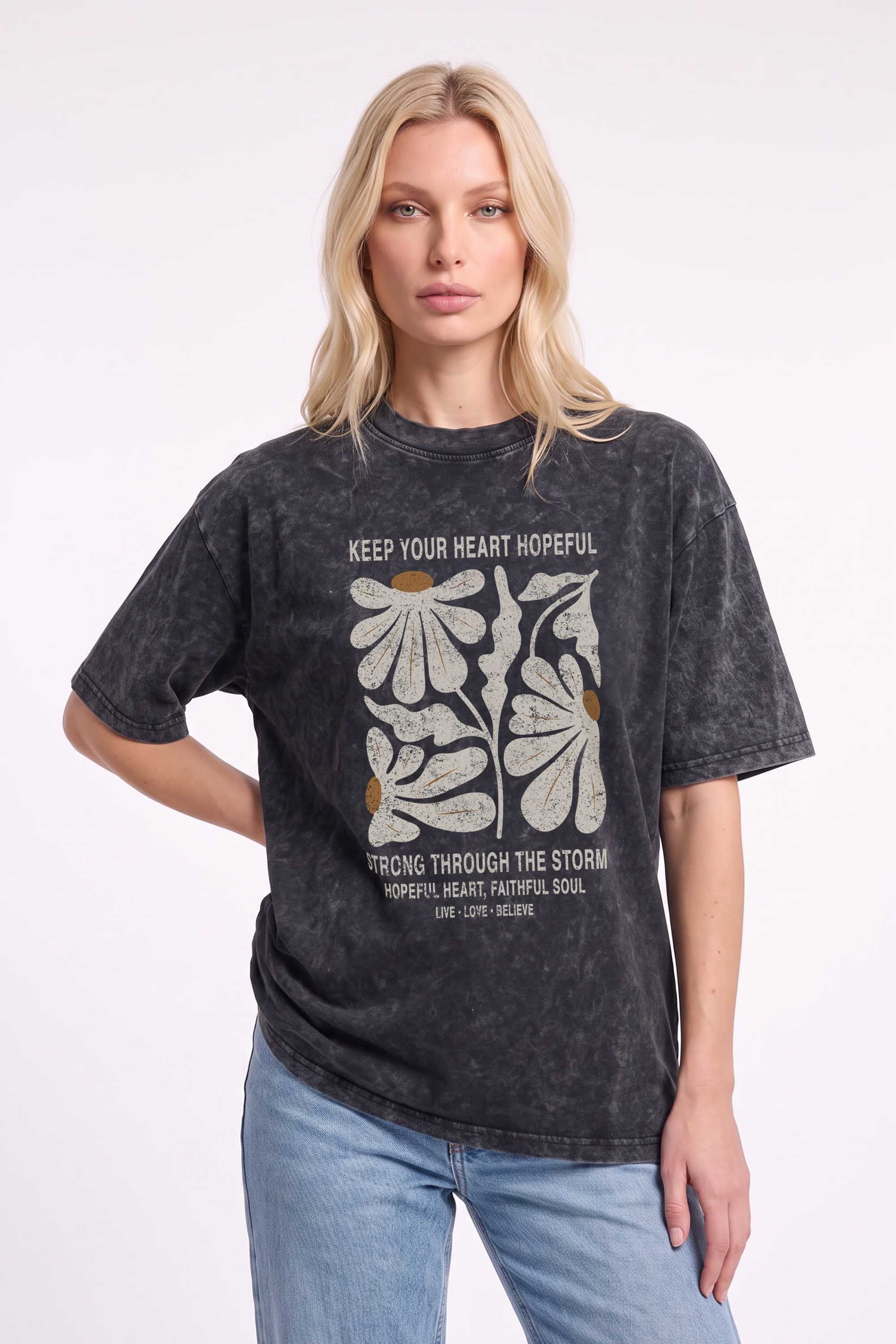 Premium 220GSM Acid-Wash Boxy Oversized T-shirt in Hopeful Floral Print