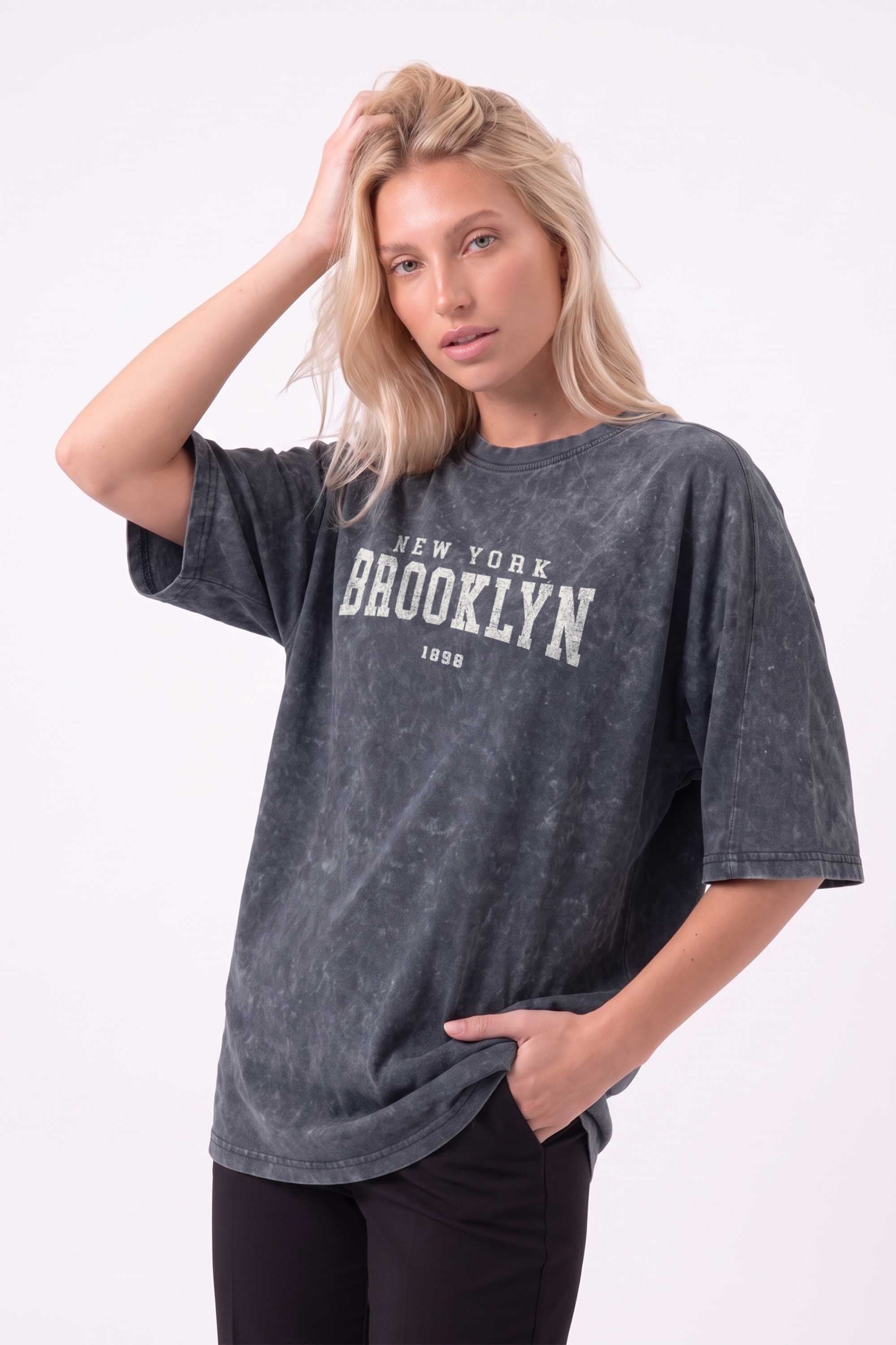 Core Combed 180 GSM Acid-Wash Oversized T-shirt in Brooklyn Print