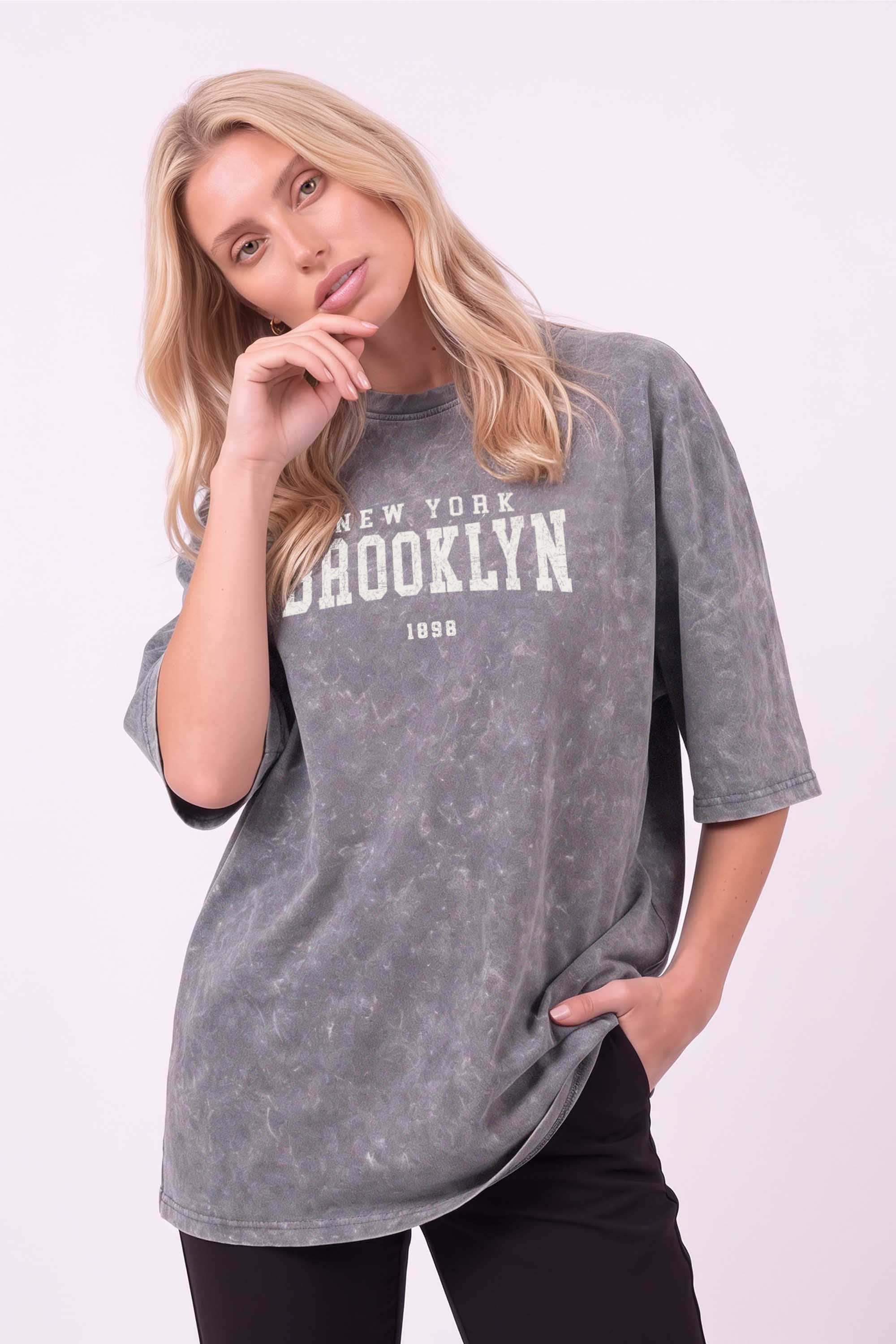 Core Combed 180 GSM Acid-Wash Oversized T-shirt in Brooklyn Print