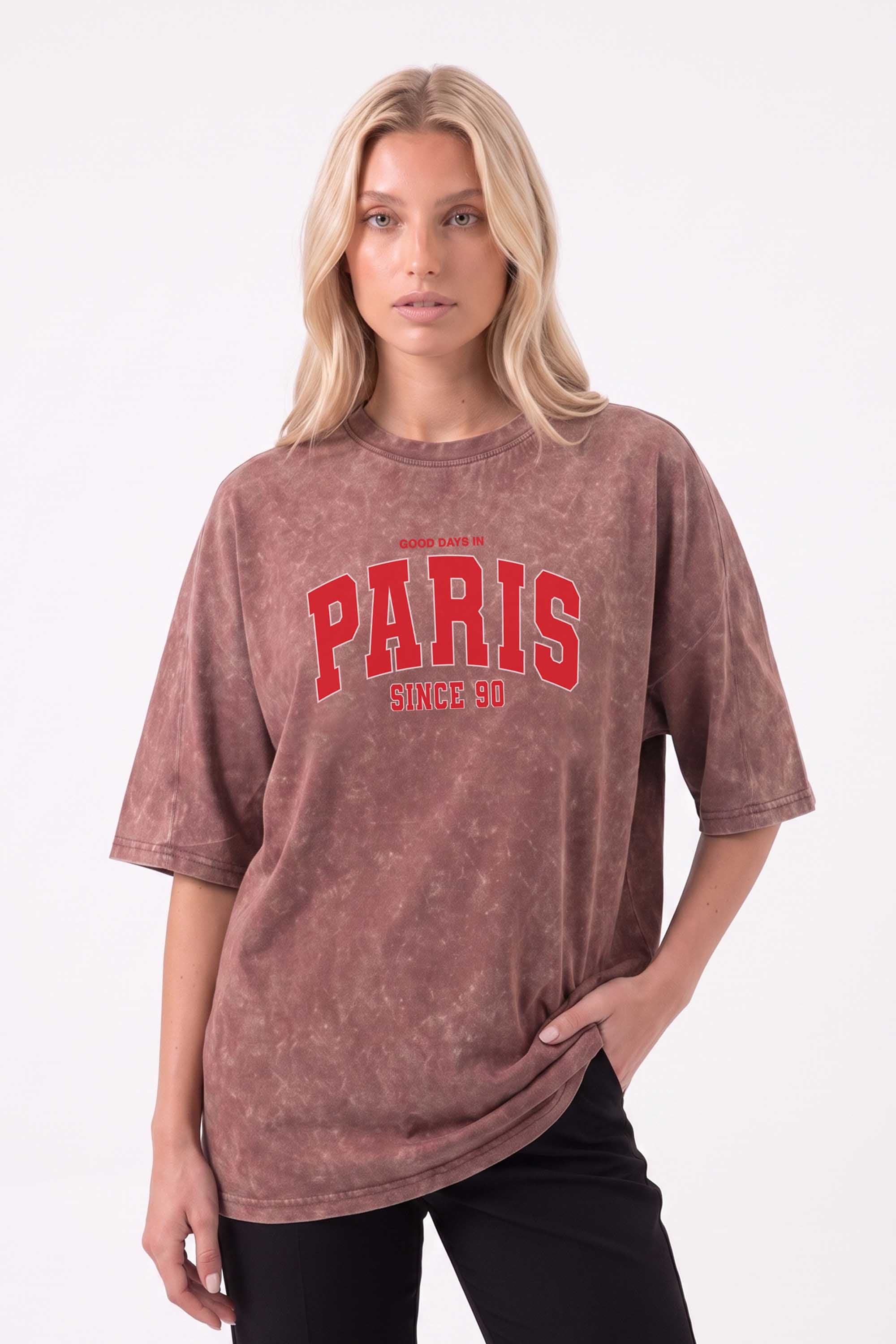 Core Combed 180 GSM Acid-Wash Oversized T-shirt in Paris Print