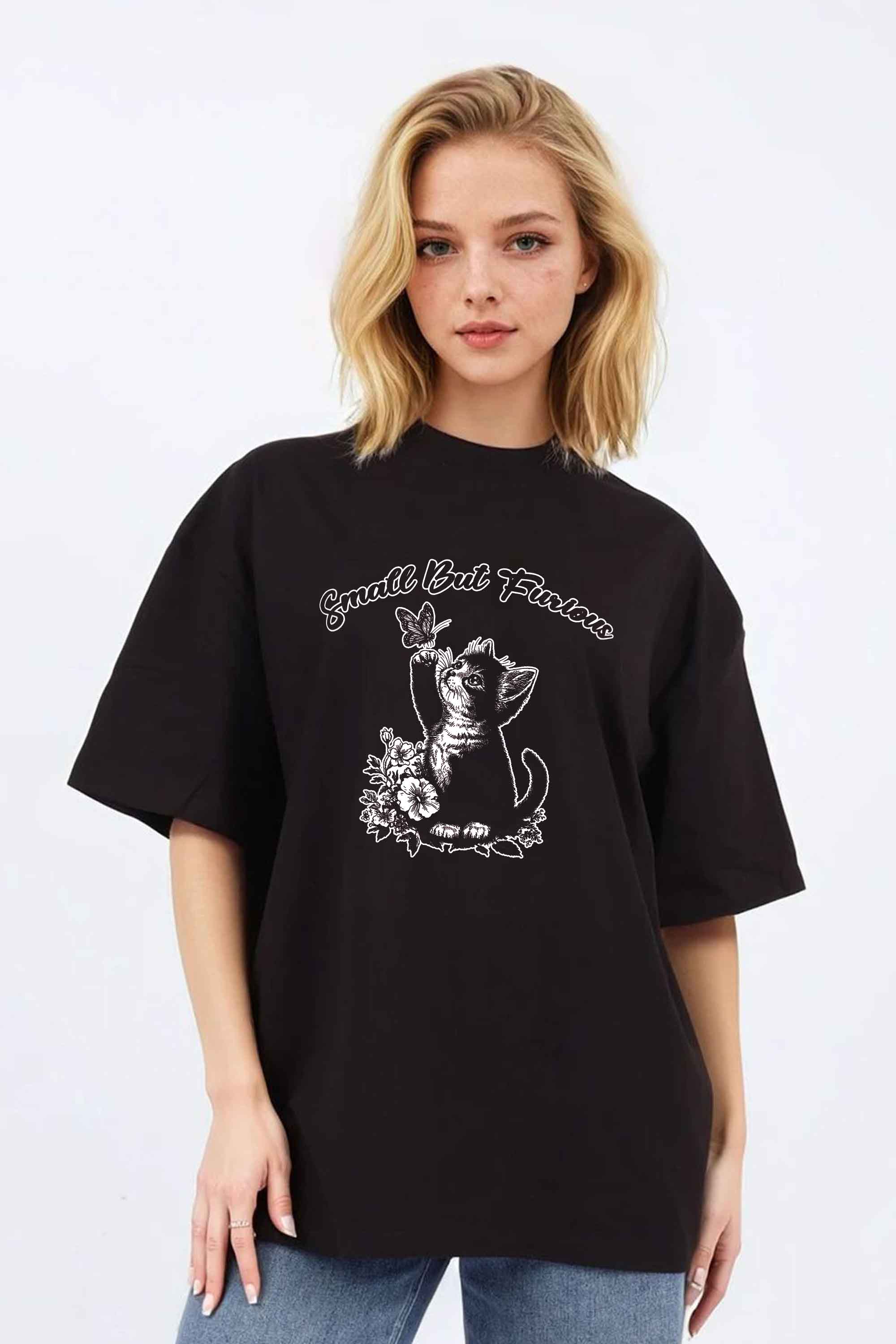 220GSM Oversized T-Shirt in Small But Furious Cat Print