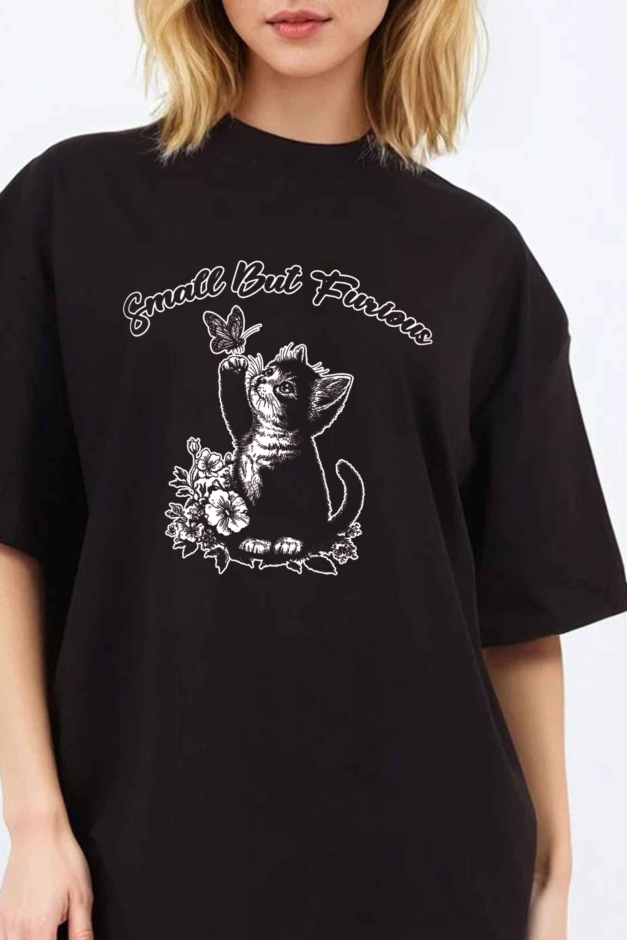220GSM Oversized T-Shirt in Small But Furious Cat Print