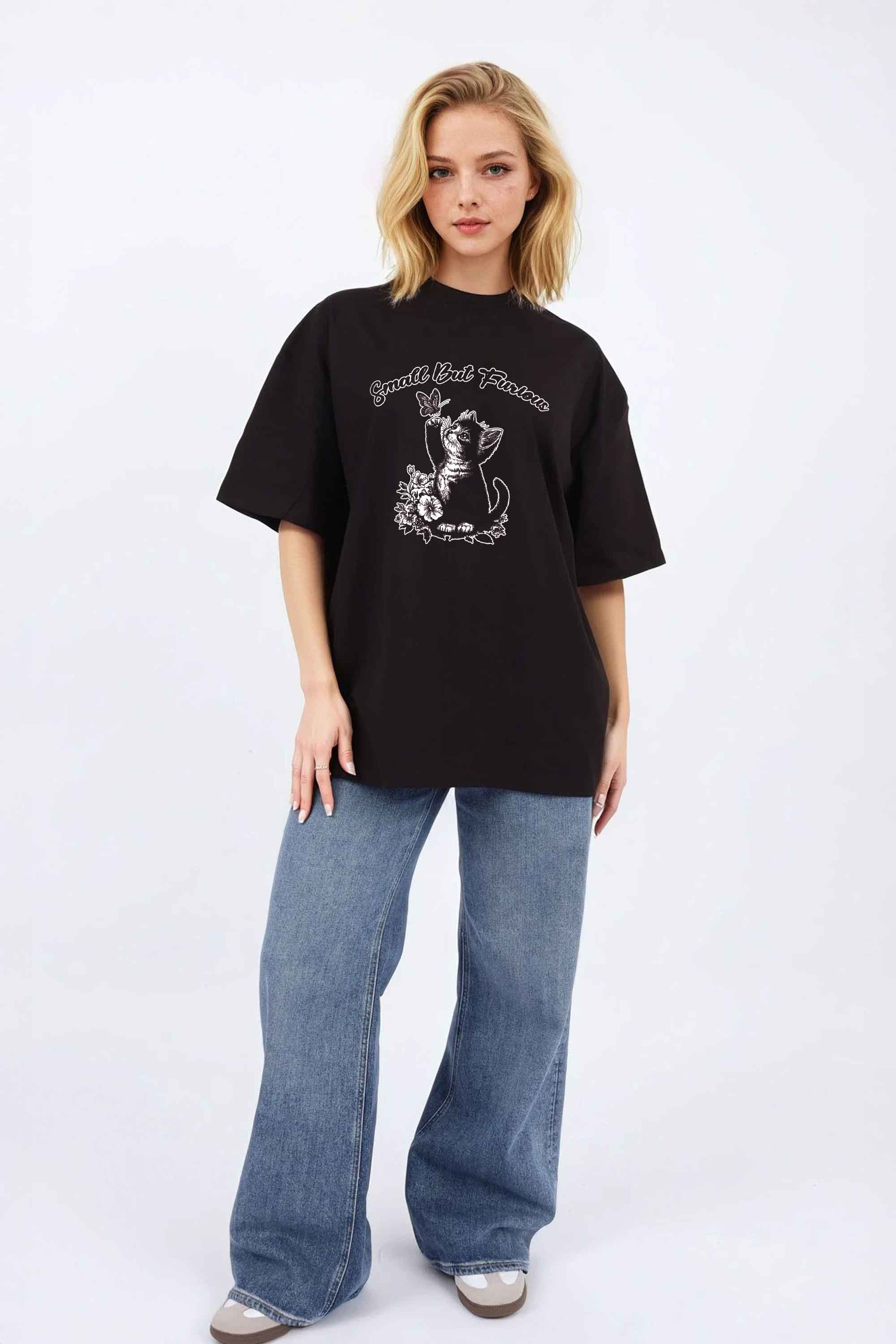220GSM Oversized T-Shirt in Small But Furious Cat Print